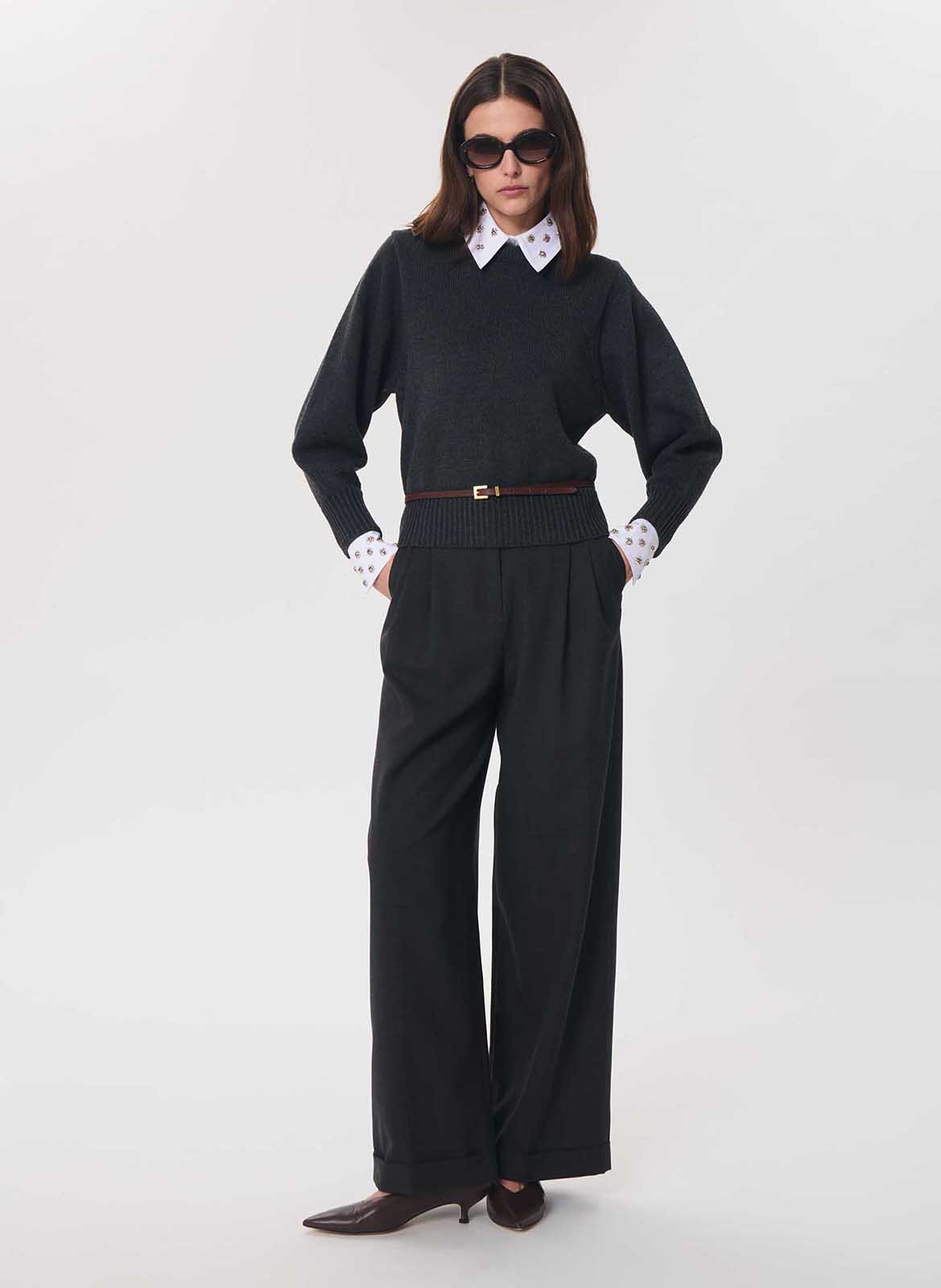 Wijde broek met hoge taille en ceintuur TARA JARMON Grijs