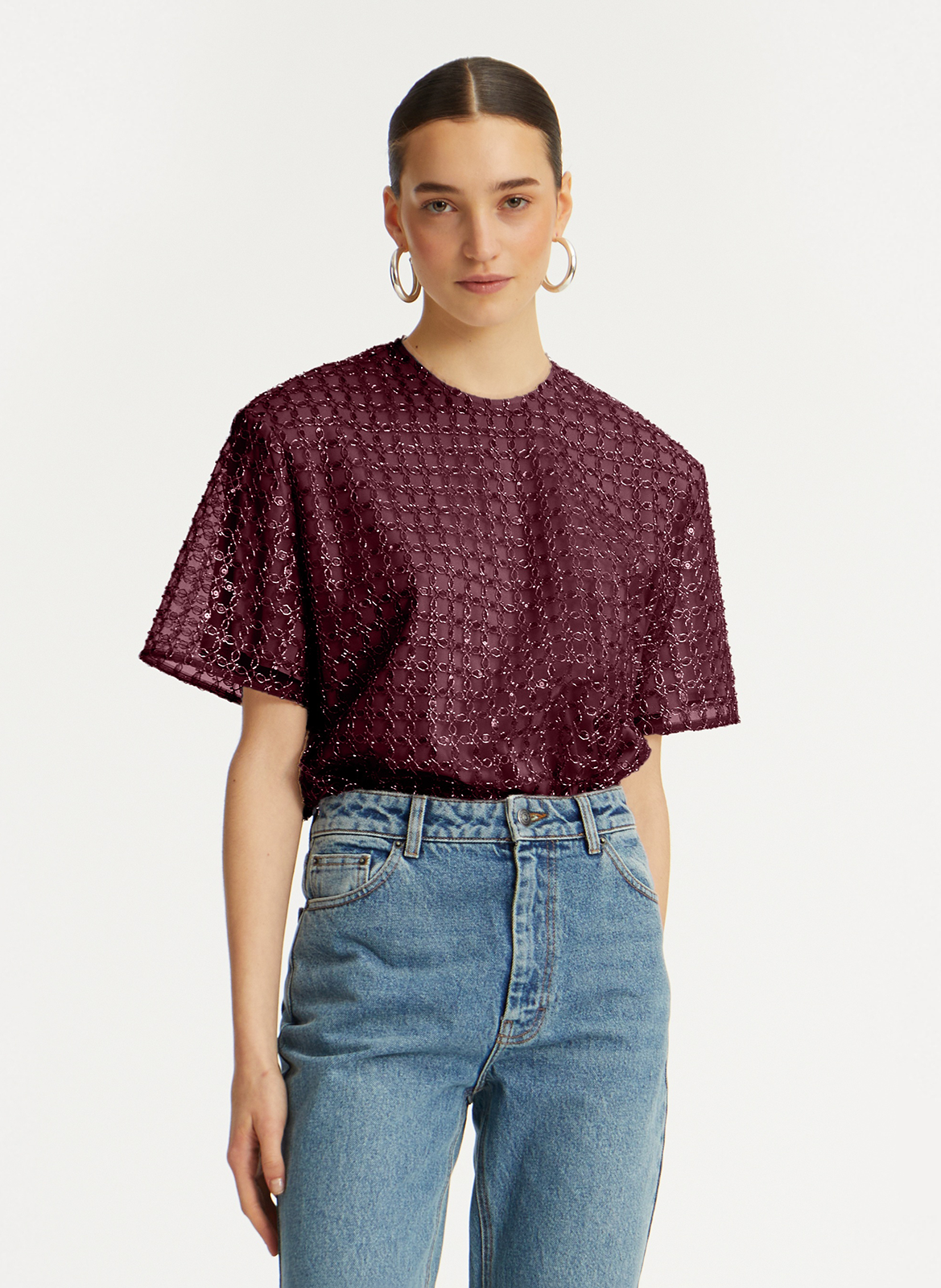 Round neck top adorned with rhinestones ROTATE Brown