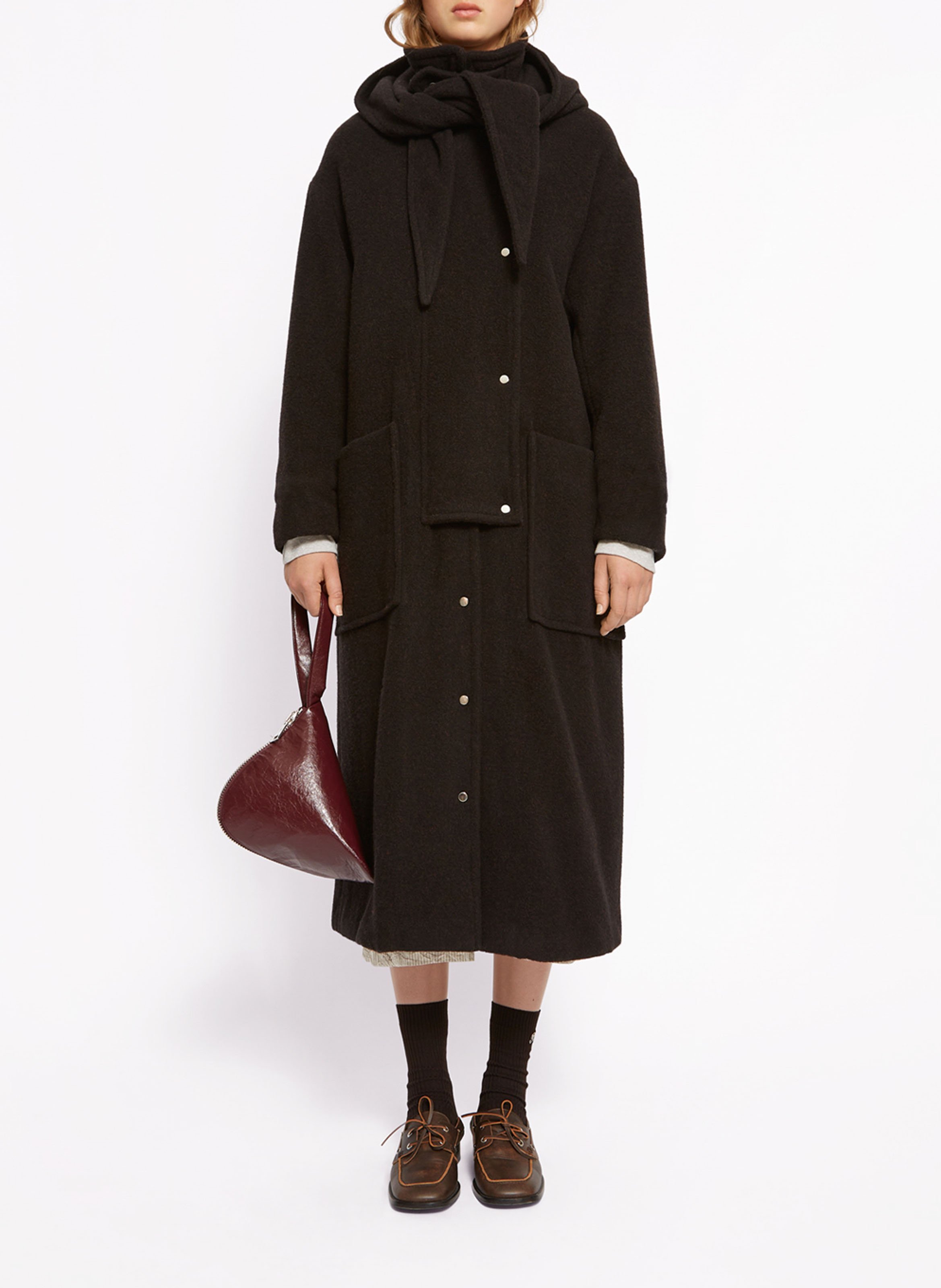 Manteau mi-long à capuche écharpe uni ROSEANNA Marron