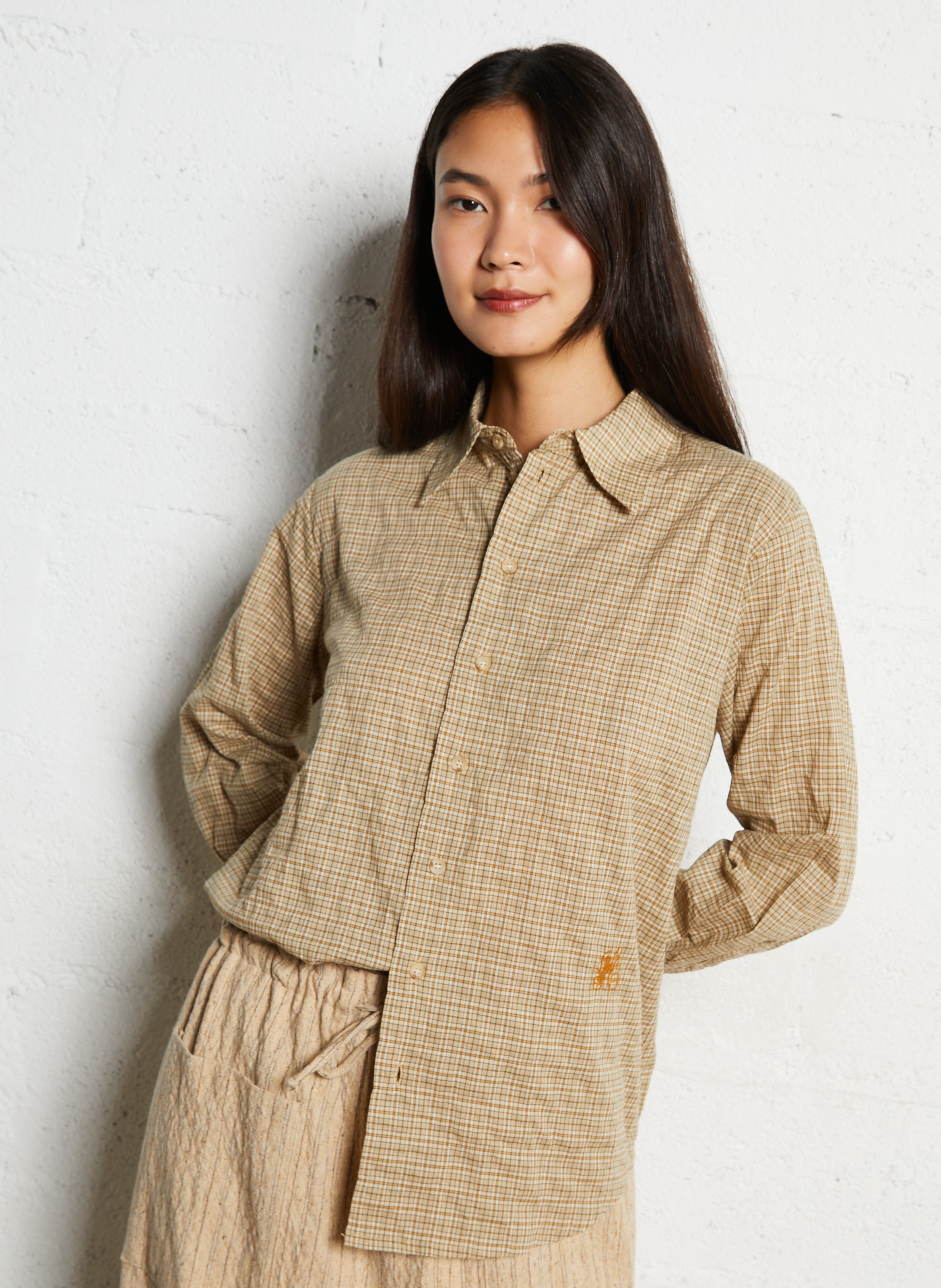 Loose-fit plaid cotton shirt with classic collar HOD PARIS Beige