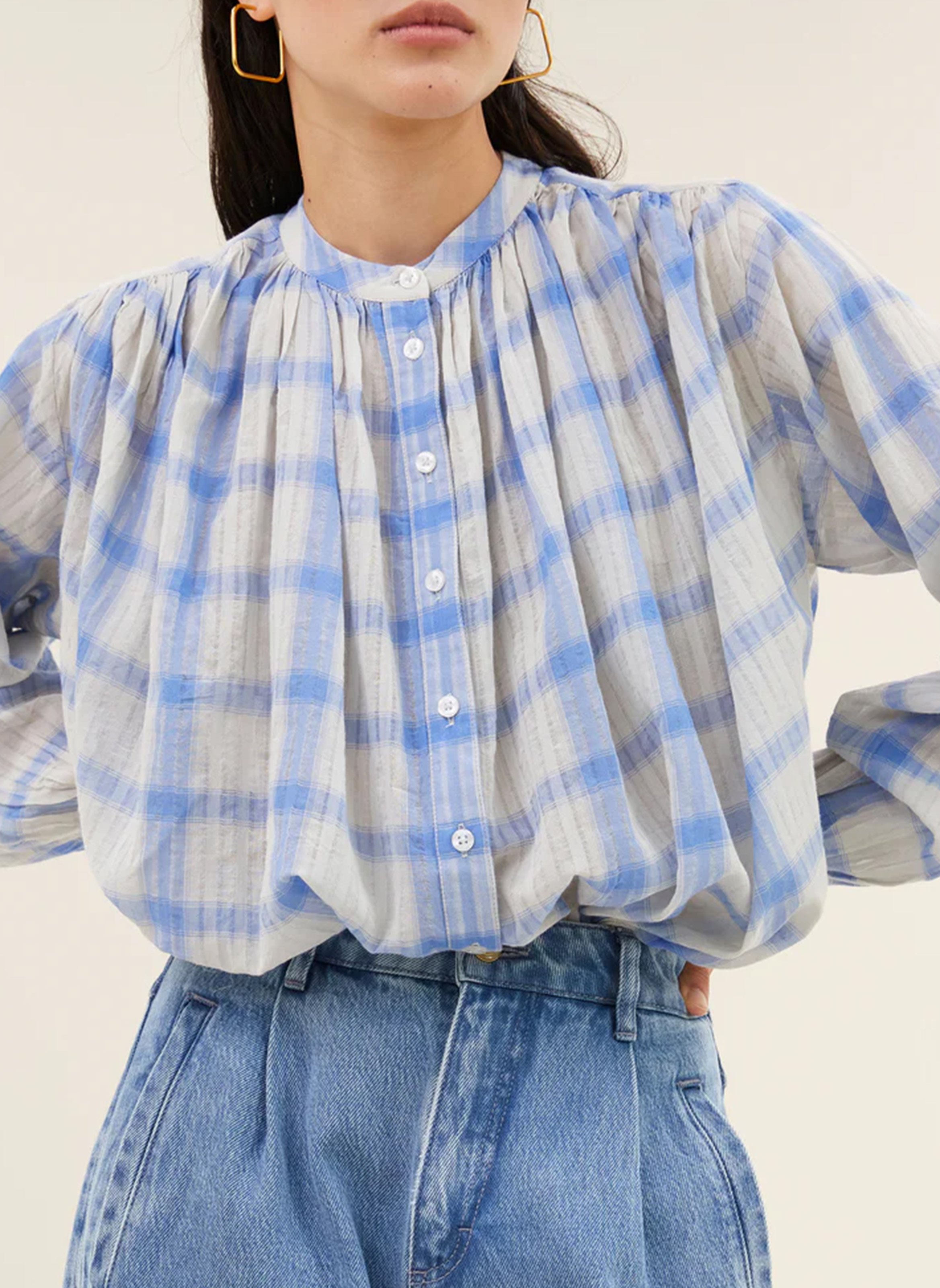 Blouse oversize col rond en coton imprimé BY BAR Bleu