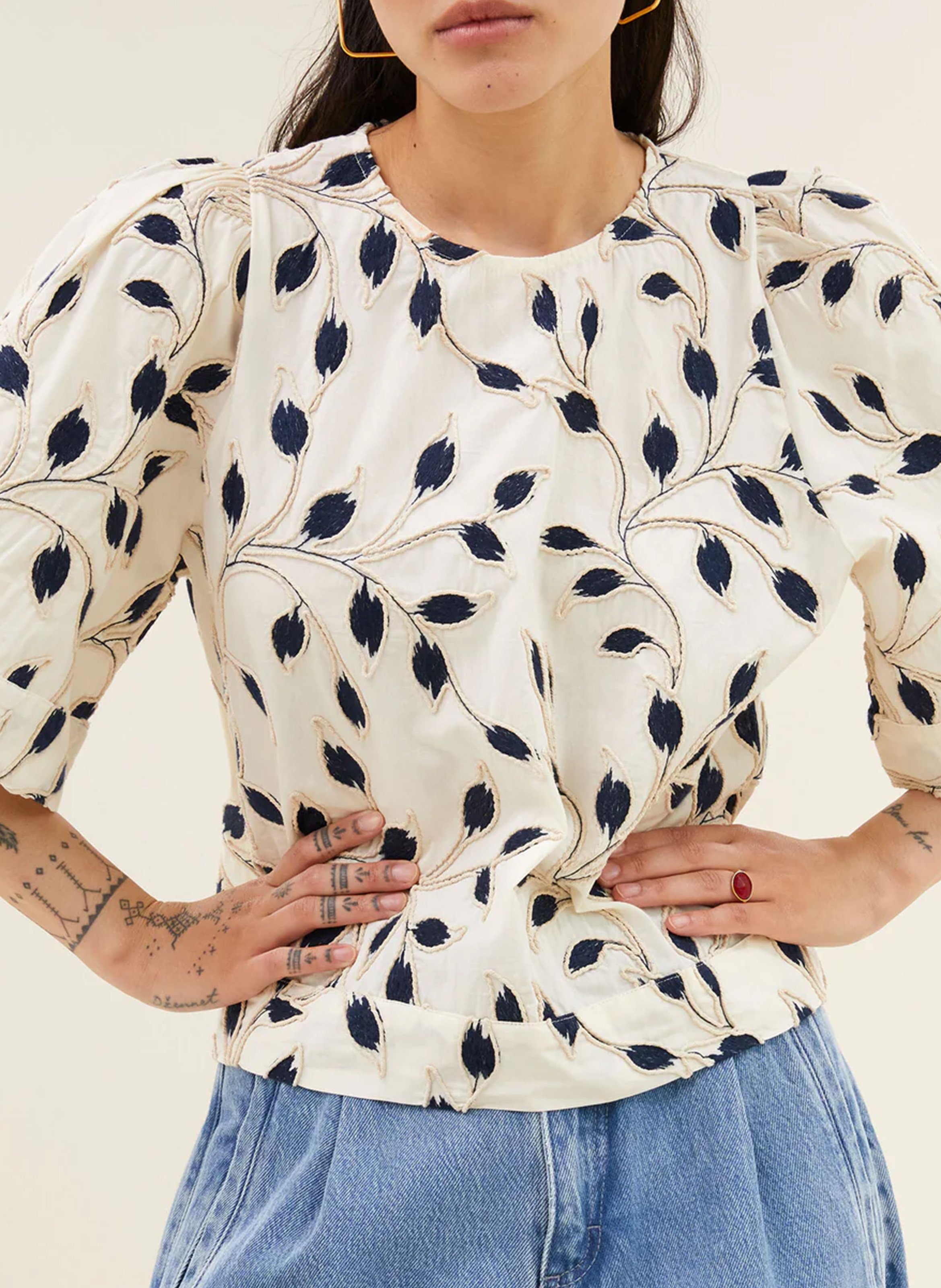 Top droit col rond en coton imprimé BY BAR Bleu