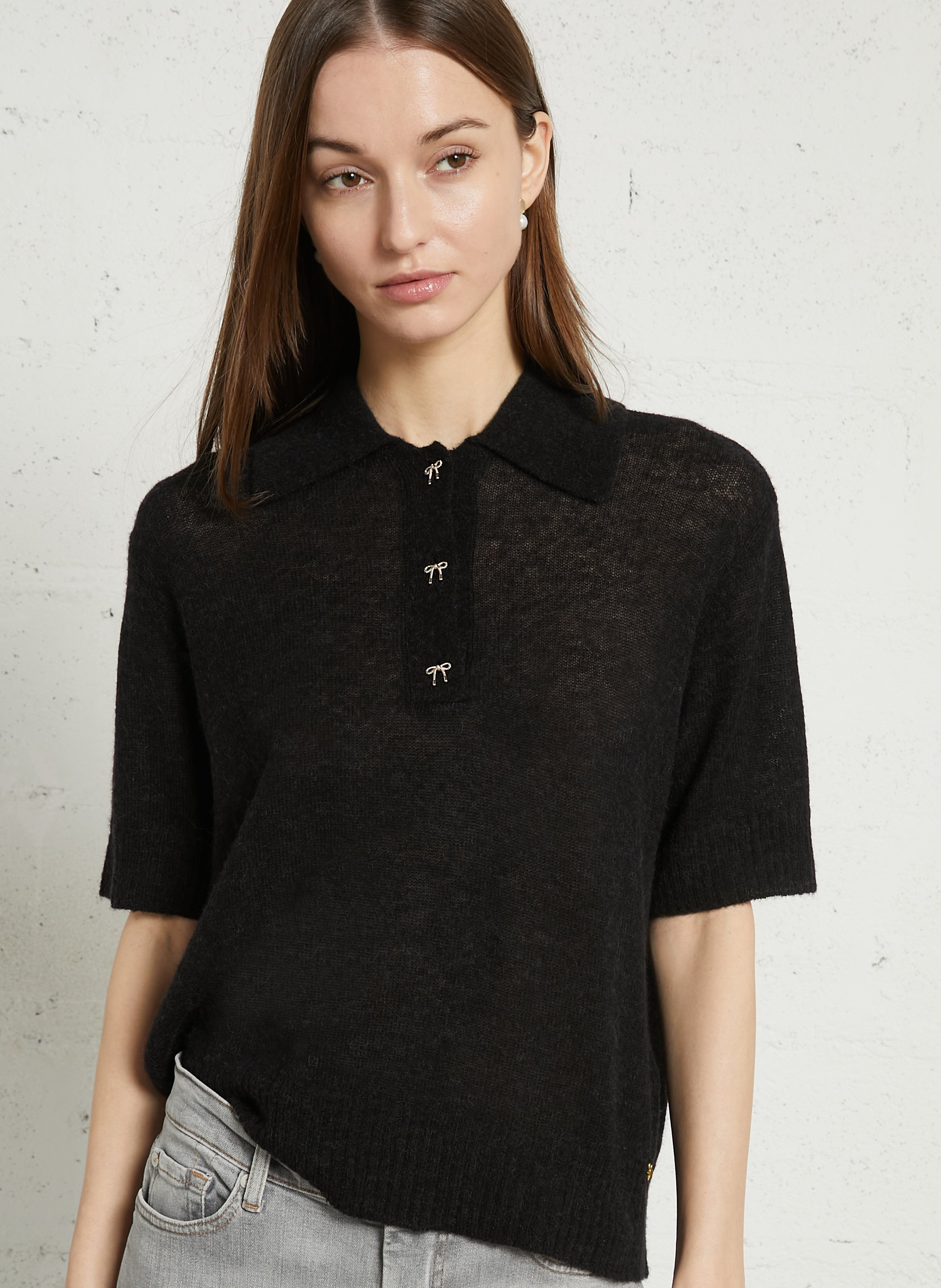 Pull droit col polo en laine mélangée DES PETITS HAUTS Noir
