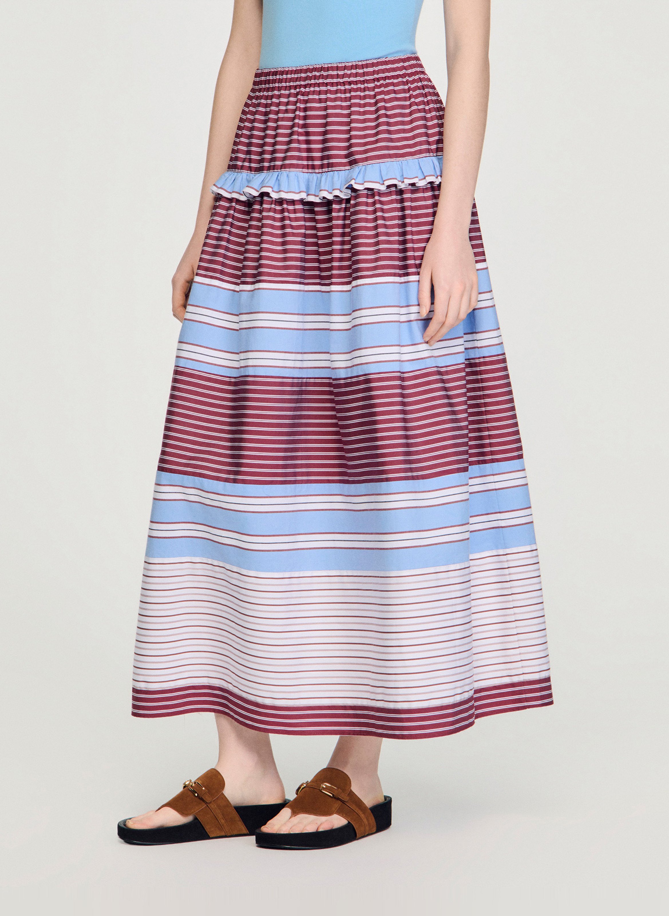 Jupe longue en coton rayé SANDRO Rouge