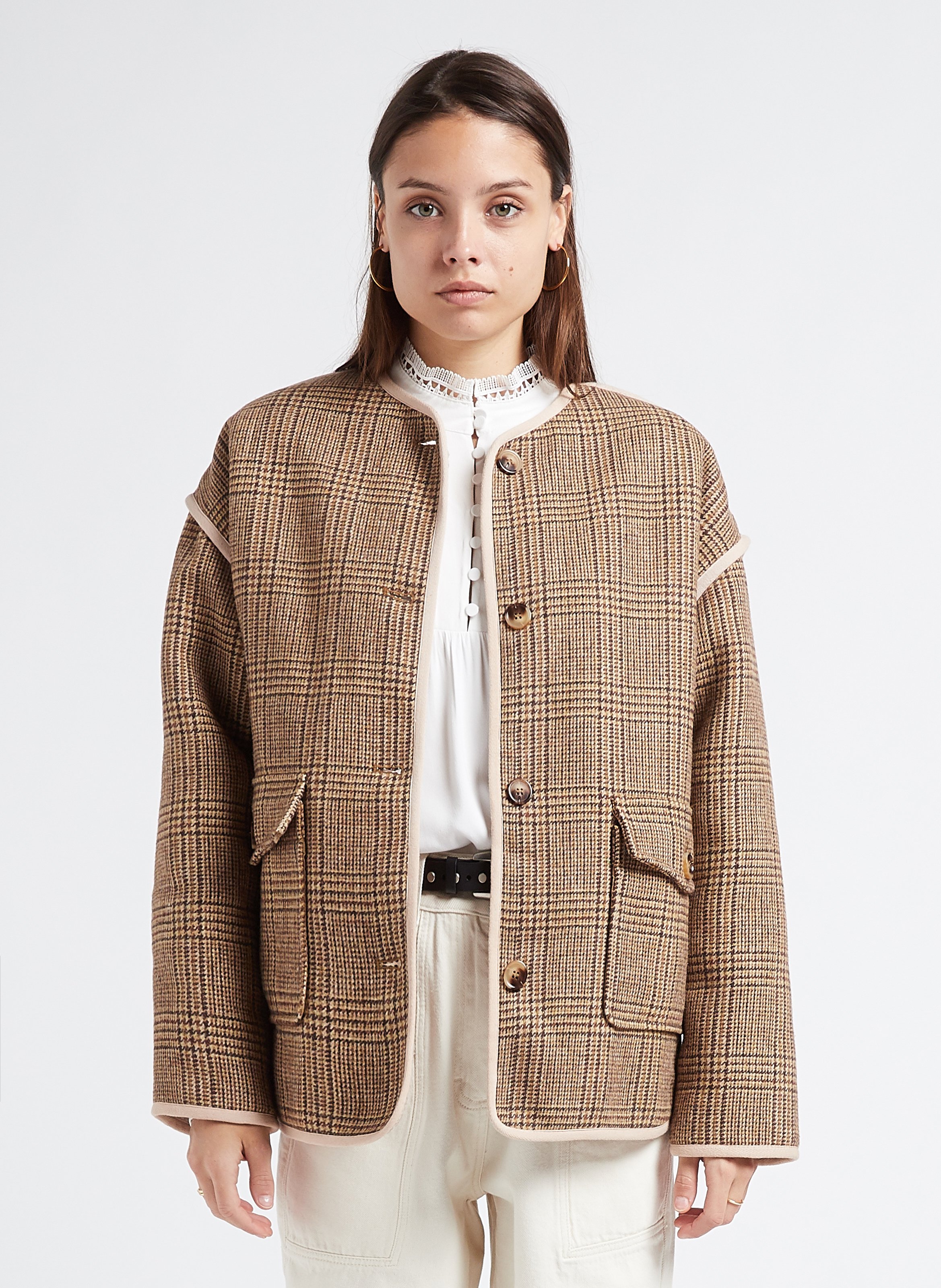 Brown Reversible wool blend cropped coat