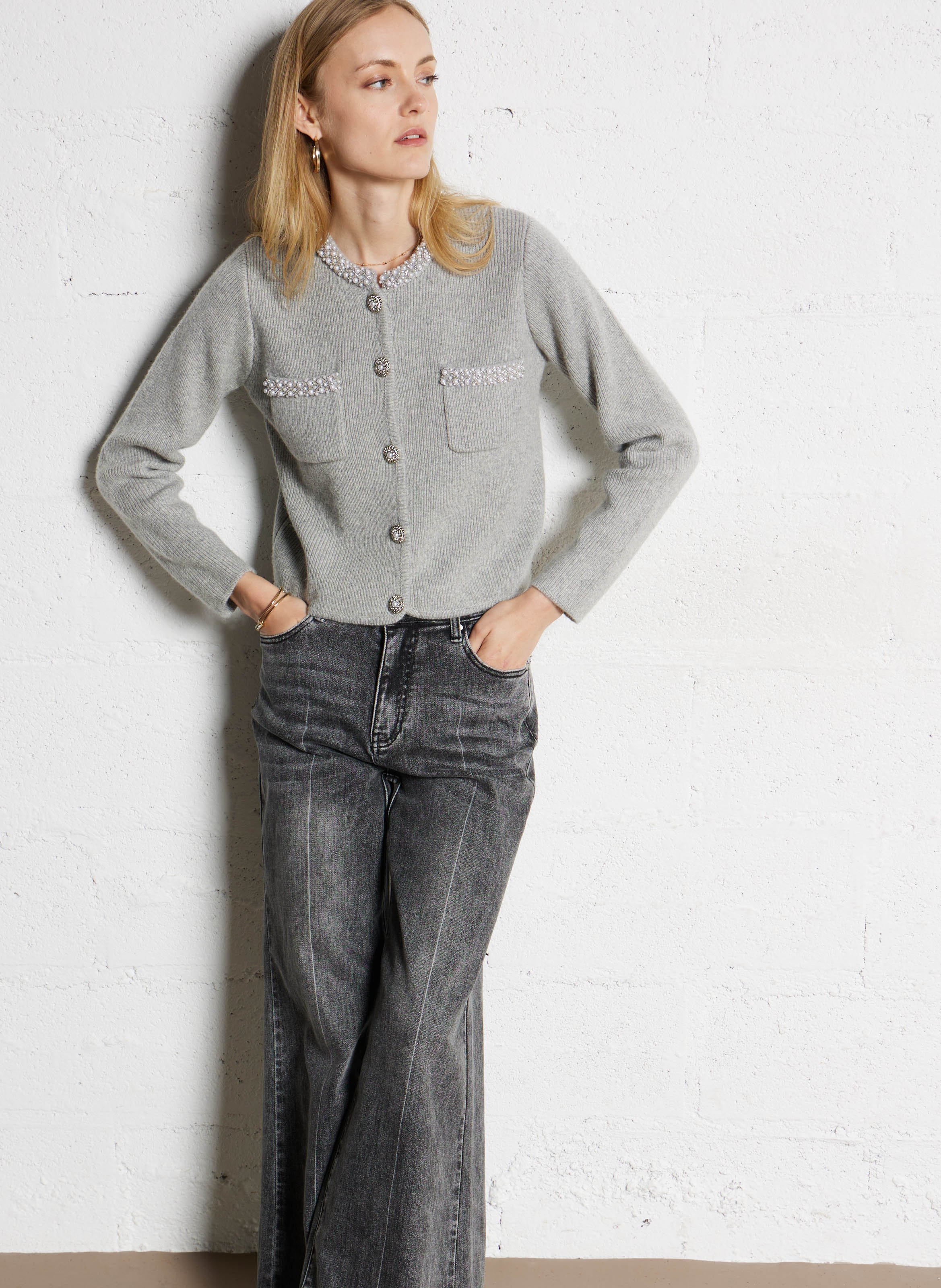 Gilet col rond en laine mélangée SUNCOO Gris