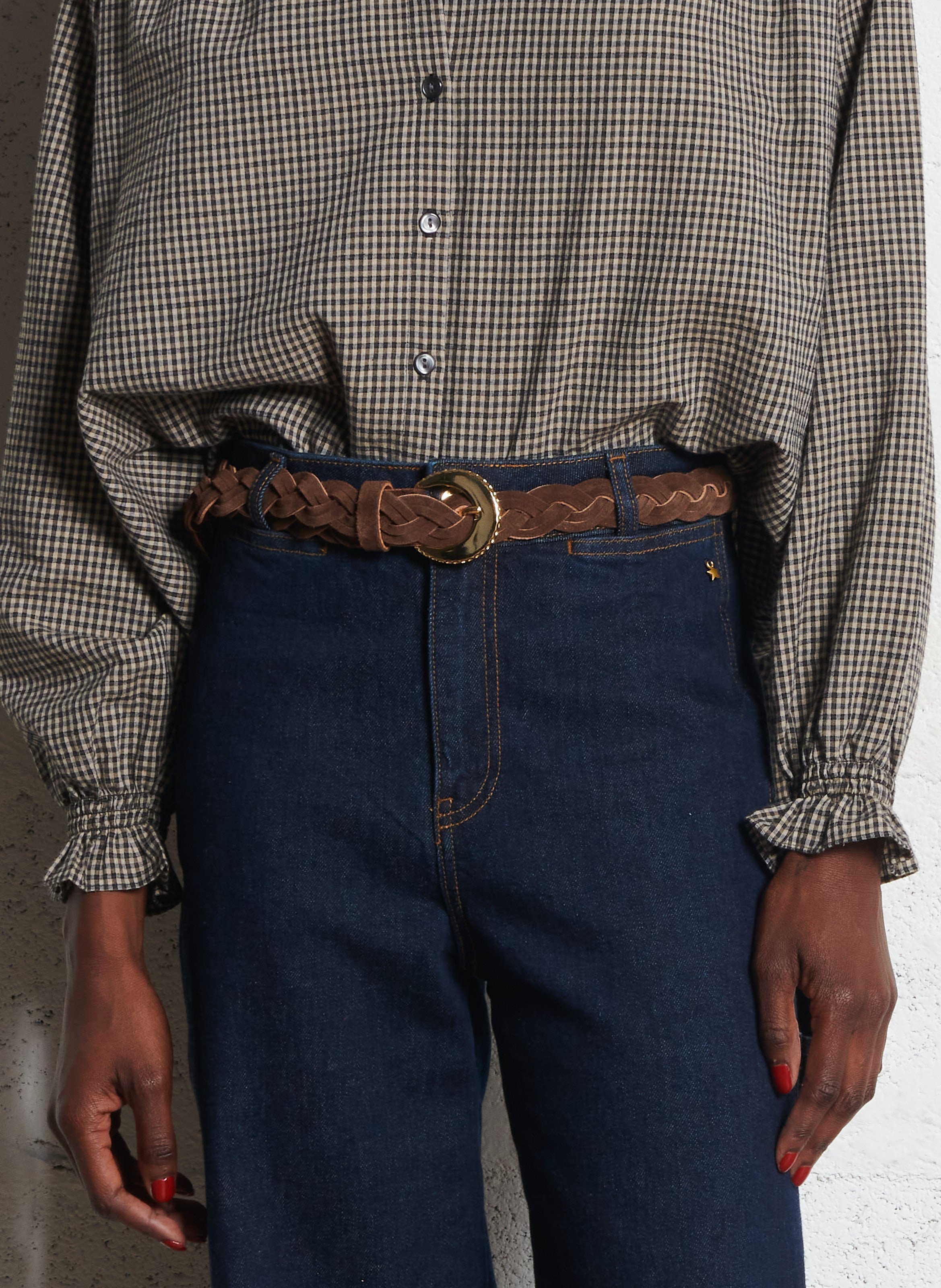 Ceinture tressée en cuir velours  DES PETITS HAUTS Marron