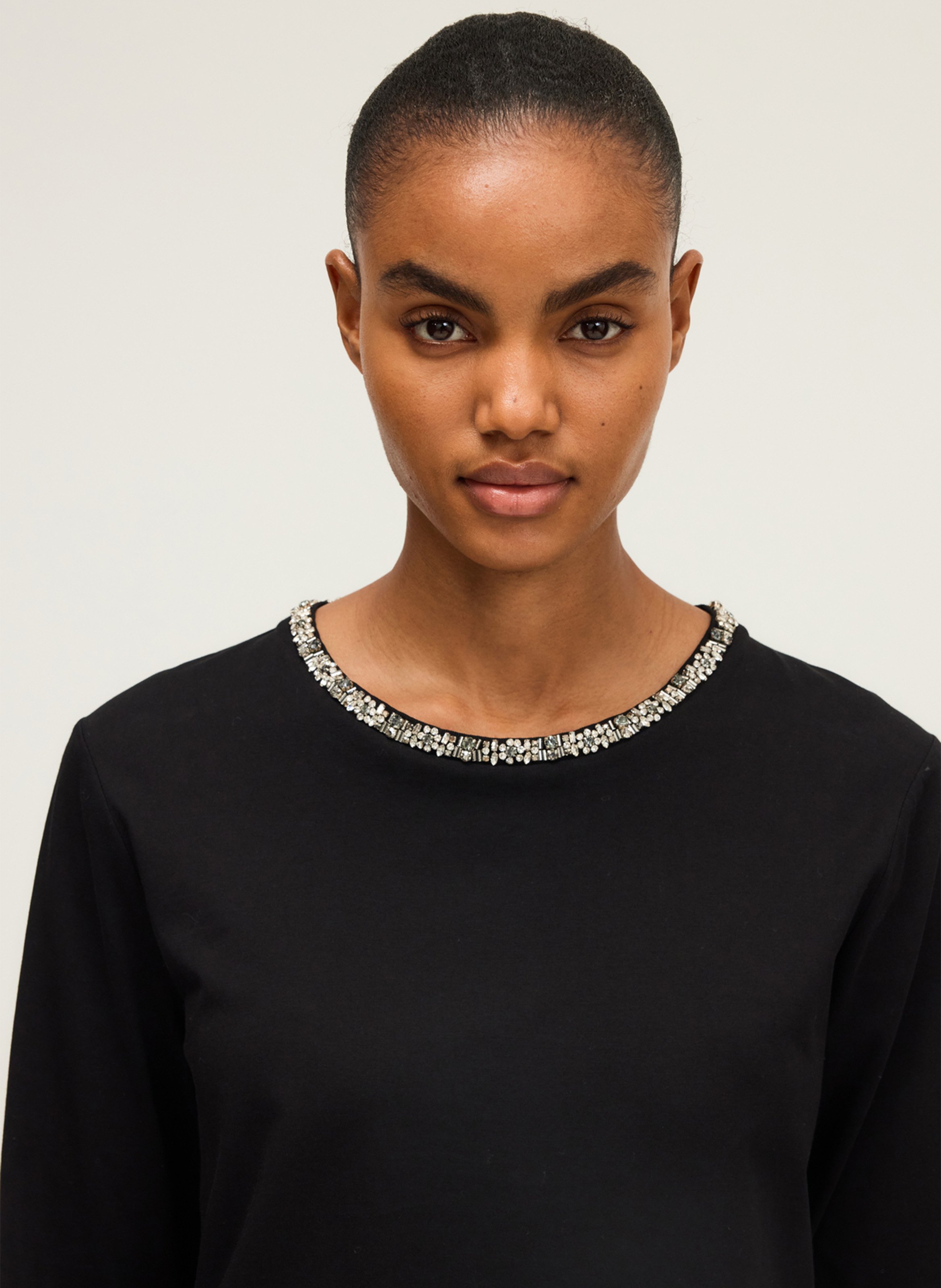 Tee-shirt droit col rond orné de strass en coton PABLO Noir