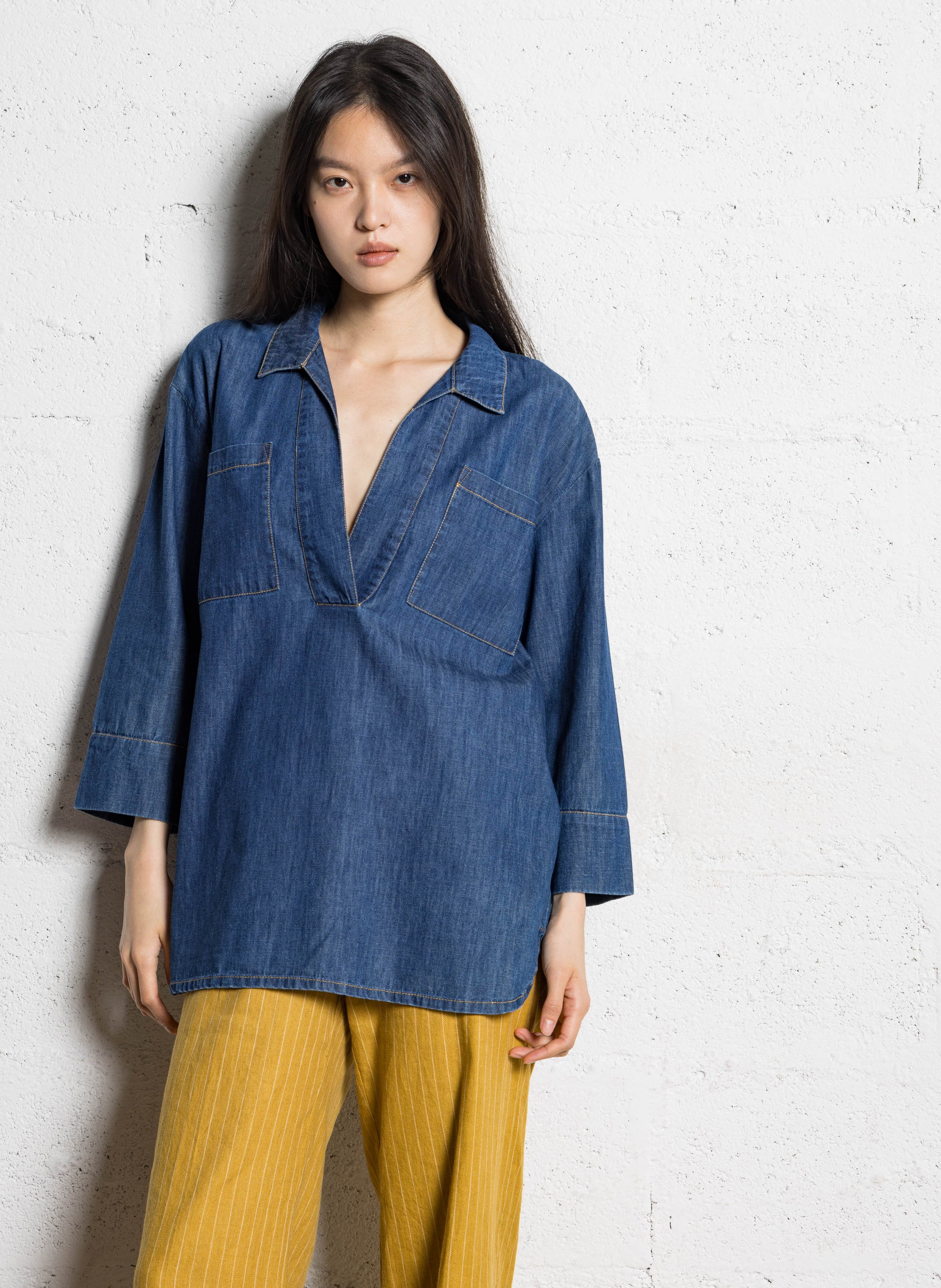 Blouse droite col tunisien en coton NICE THINGS Bleu