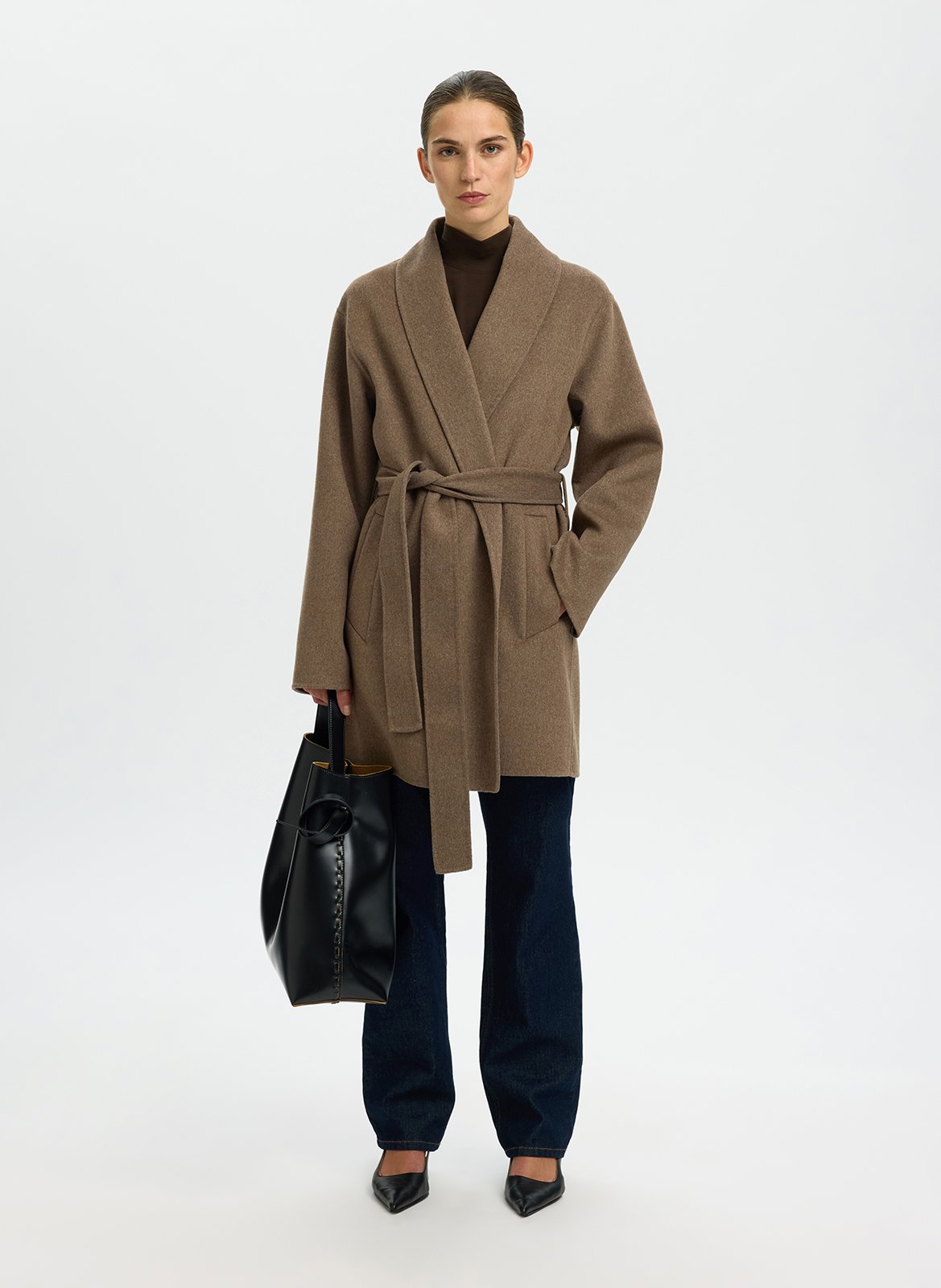 Gerader Mantel mit Reverskragen aus recycelter Wollmischung SELECTED Grau