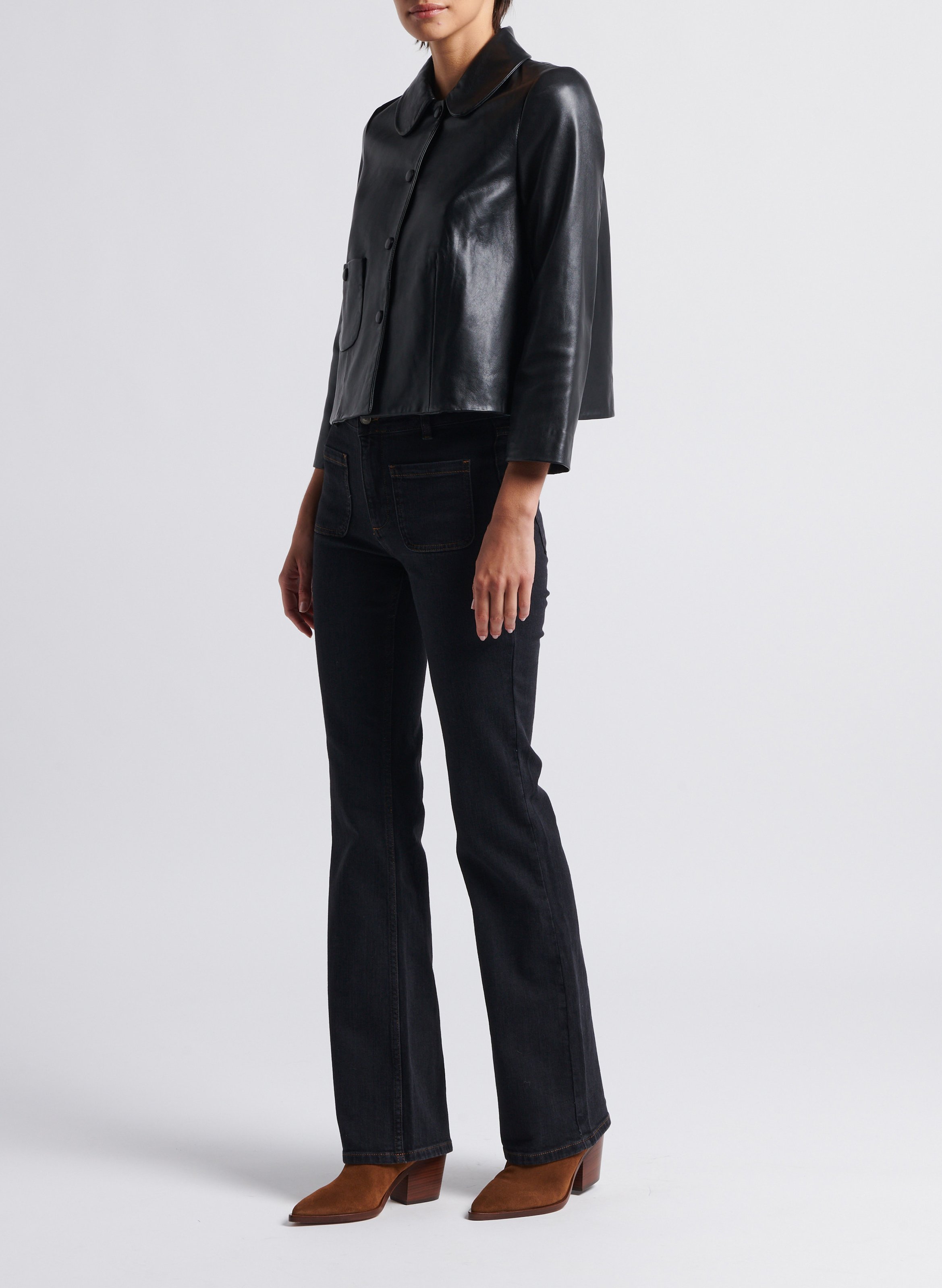 Veste courte col claudine en cuir BA&SH Noir