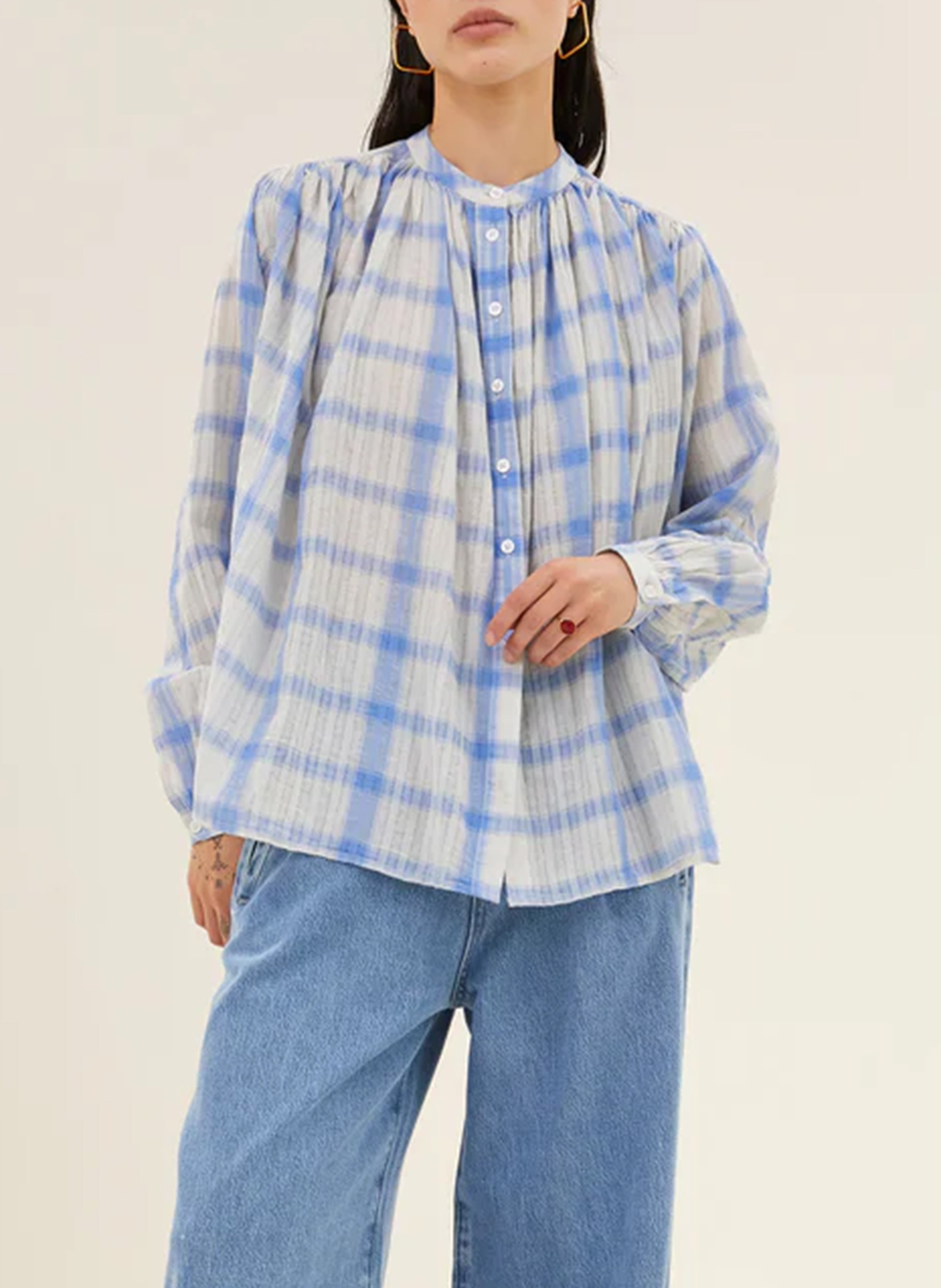 Blouse oversize col rond en coton imprimé BY BAR Bleu