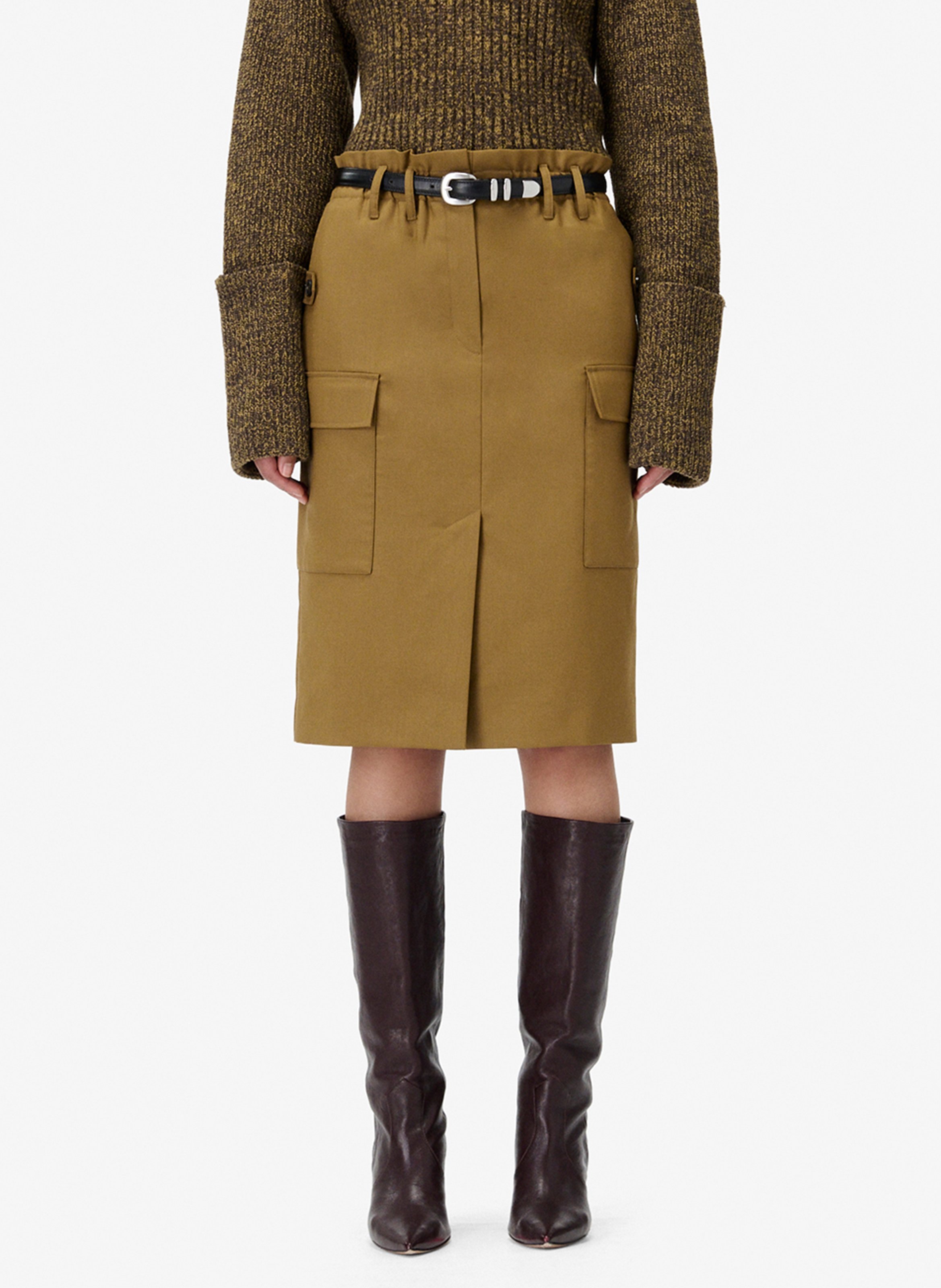 Gerade Woll-Midi-Rock mit Taschen IRO Braun