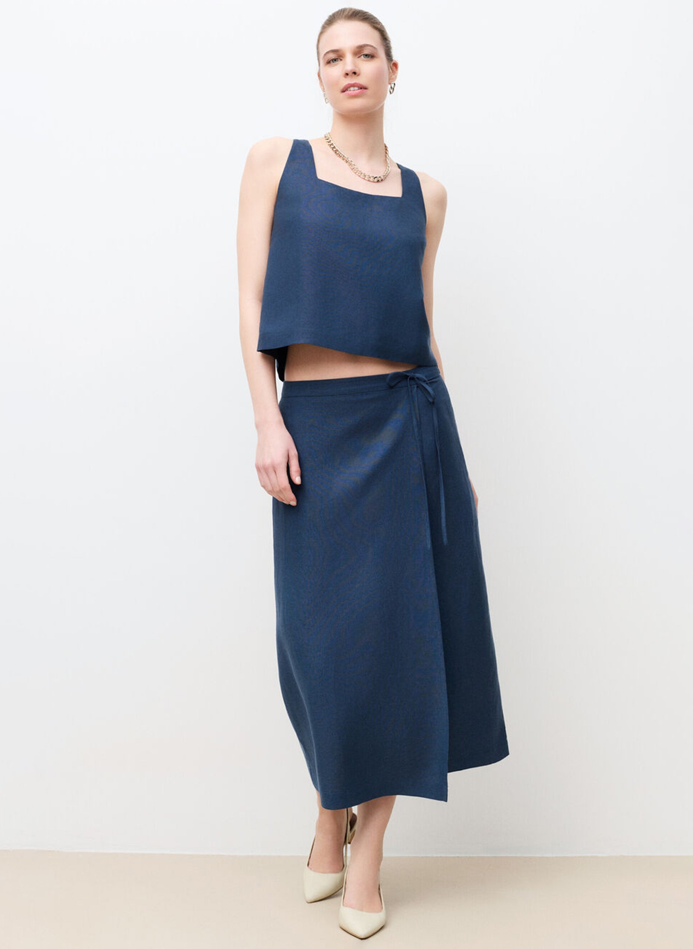 Top col carré en lin mélangé CAROLL Bleu