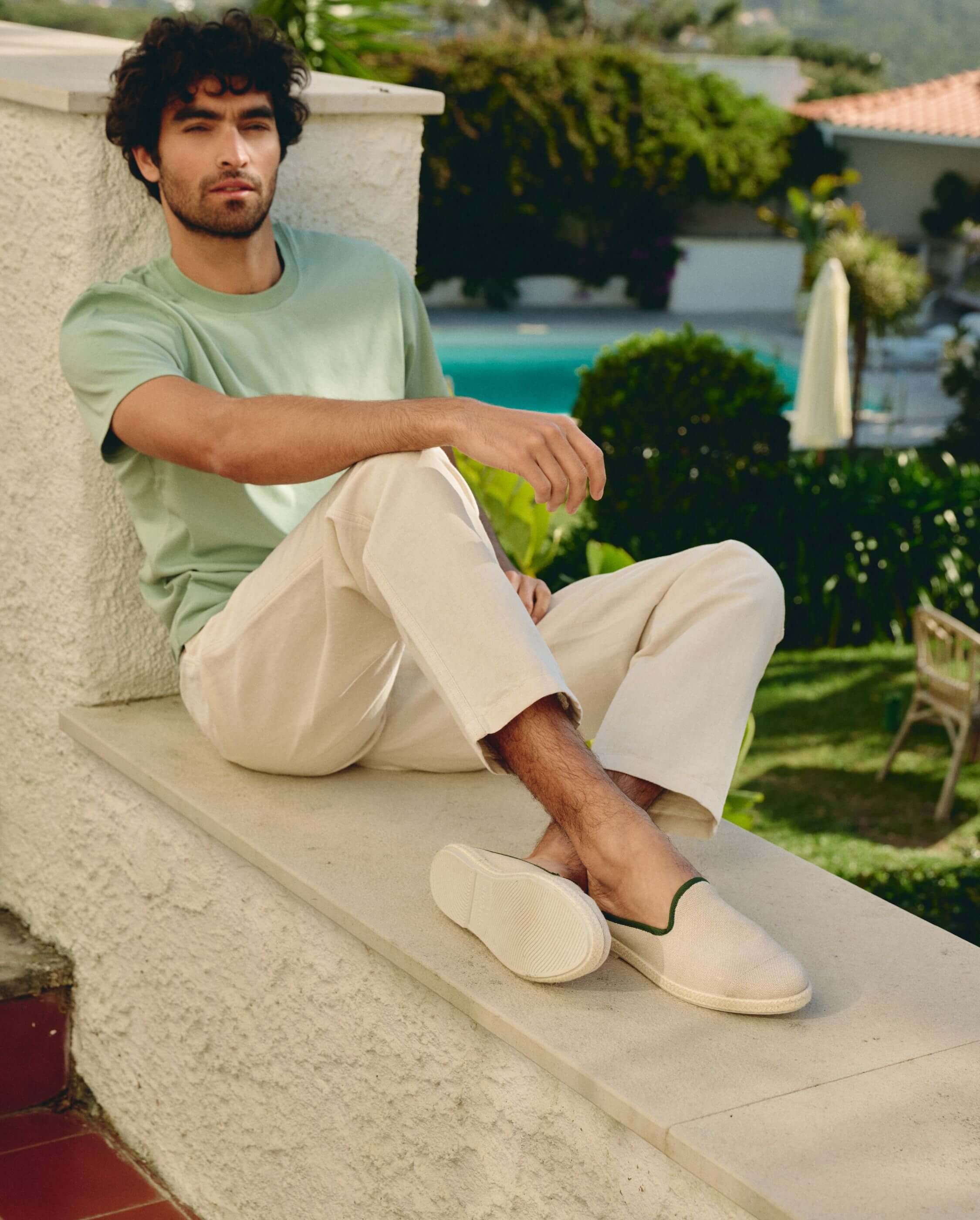 Men's mule, beige cotton with pine green ANGARDE Beige