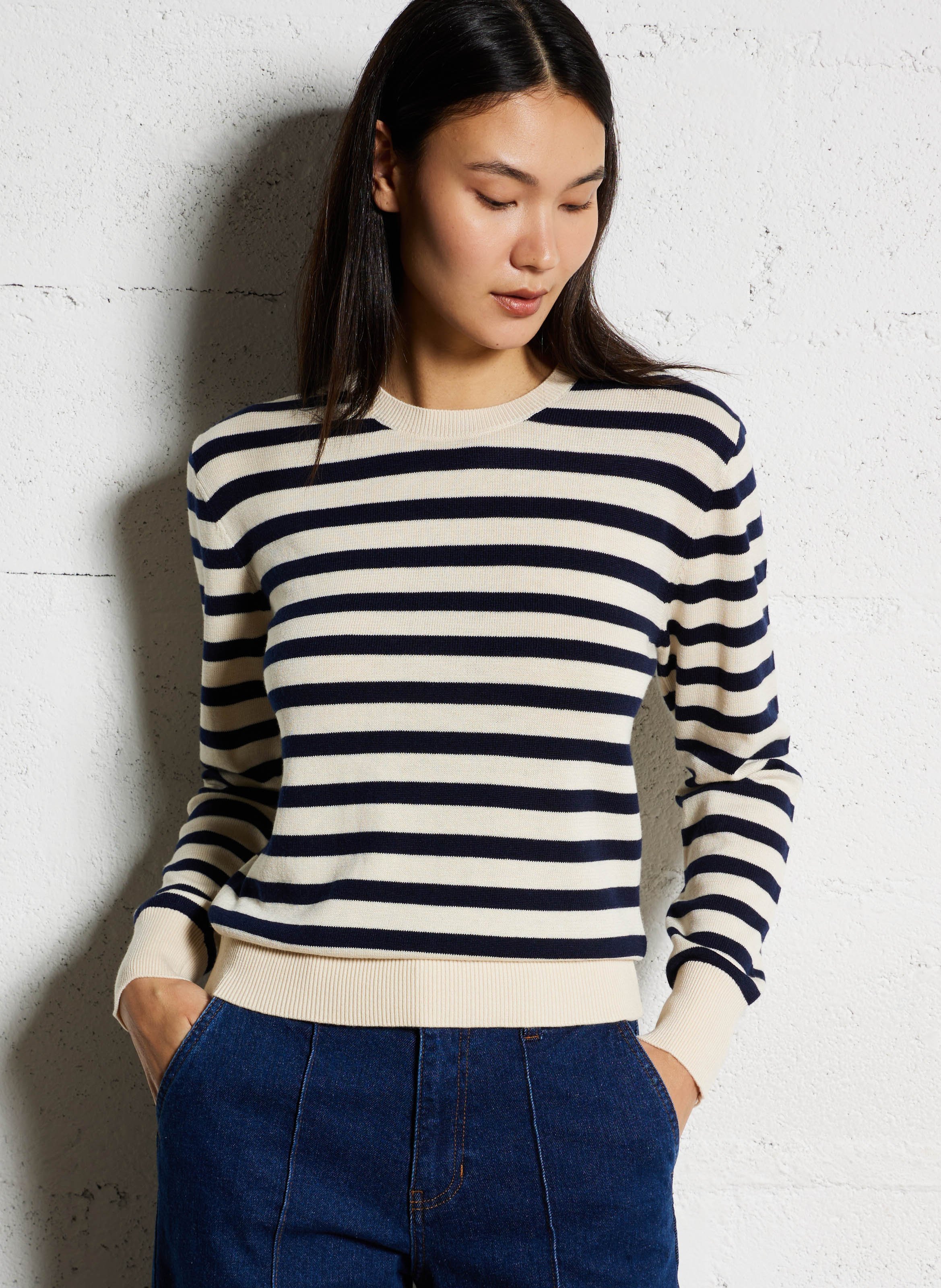 Pull col rond rayé  LA PETITE ETOILE Beige