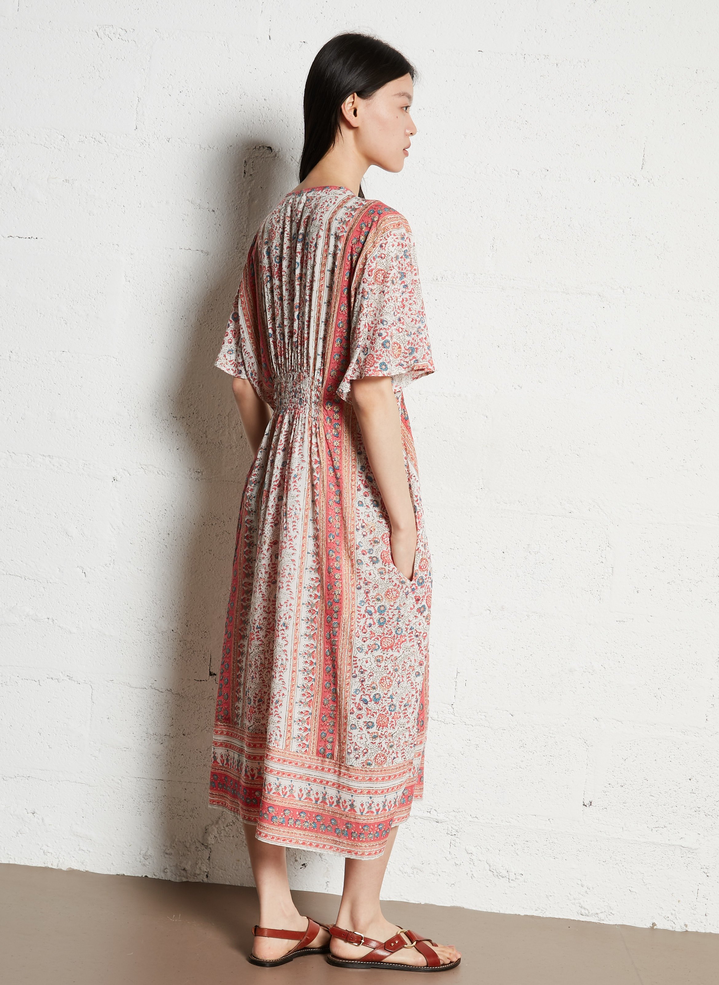 Robe midi col V en coton M.A.B.E Rose