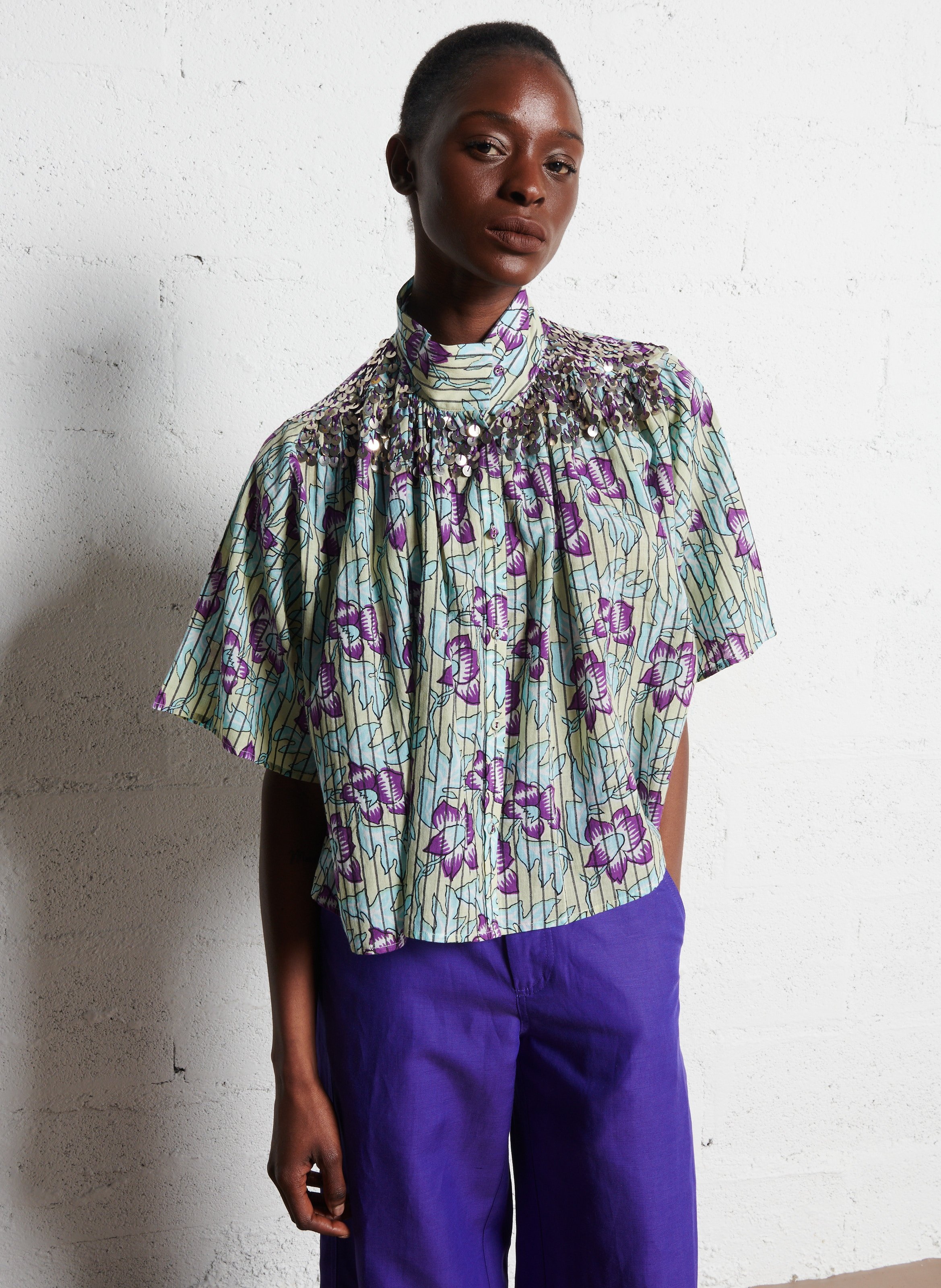 Printed blouse with tassel embroideries V DE VINSTER Purple