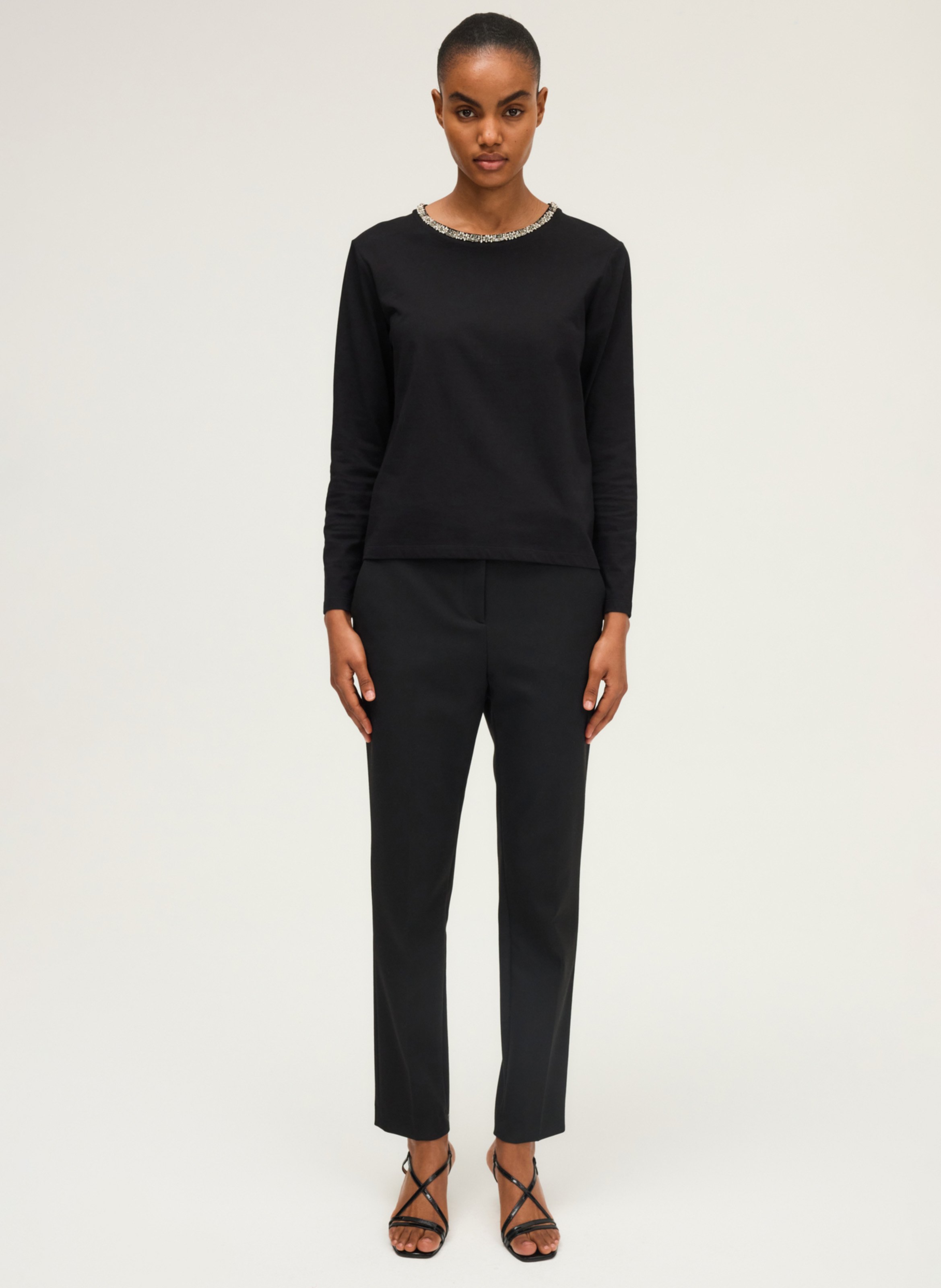 Tee-shirt droit col rond orné de strass en coton PABLO Noir