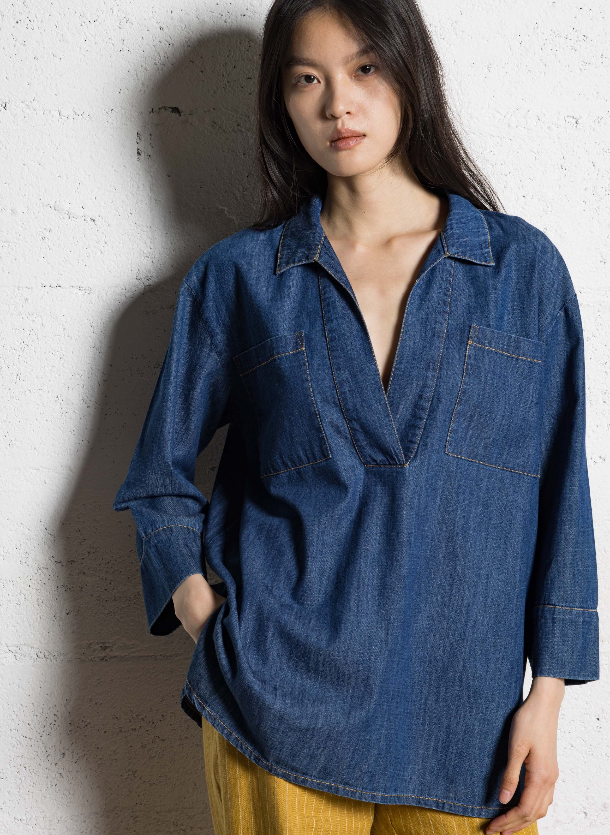 Blouse droite col tunisien en coton NICE THINGS Bleu