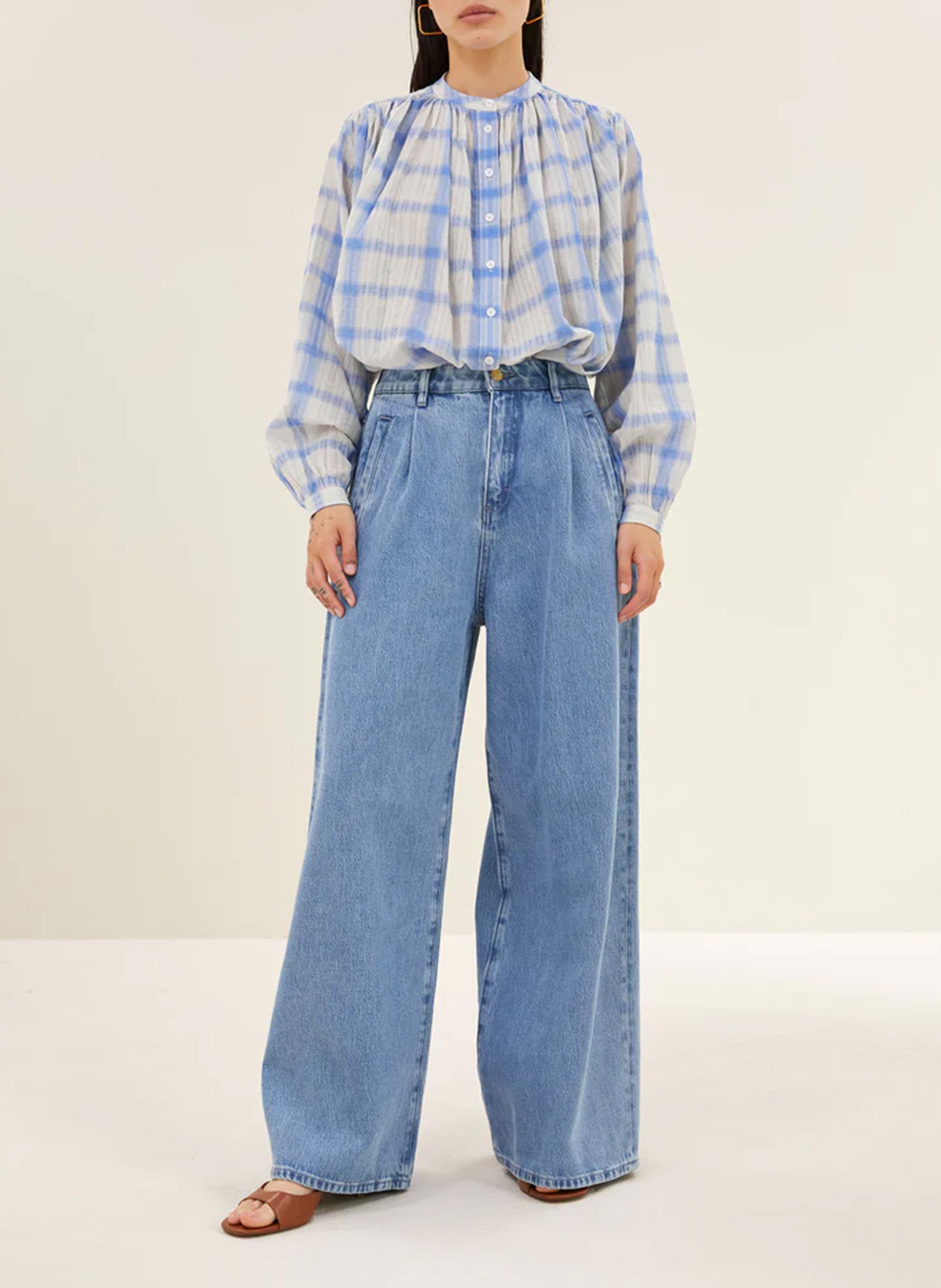 Blouse oversize col rond en coton imprimé BY BAR Bleu