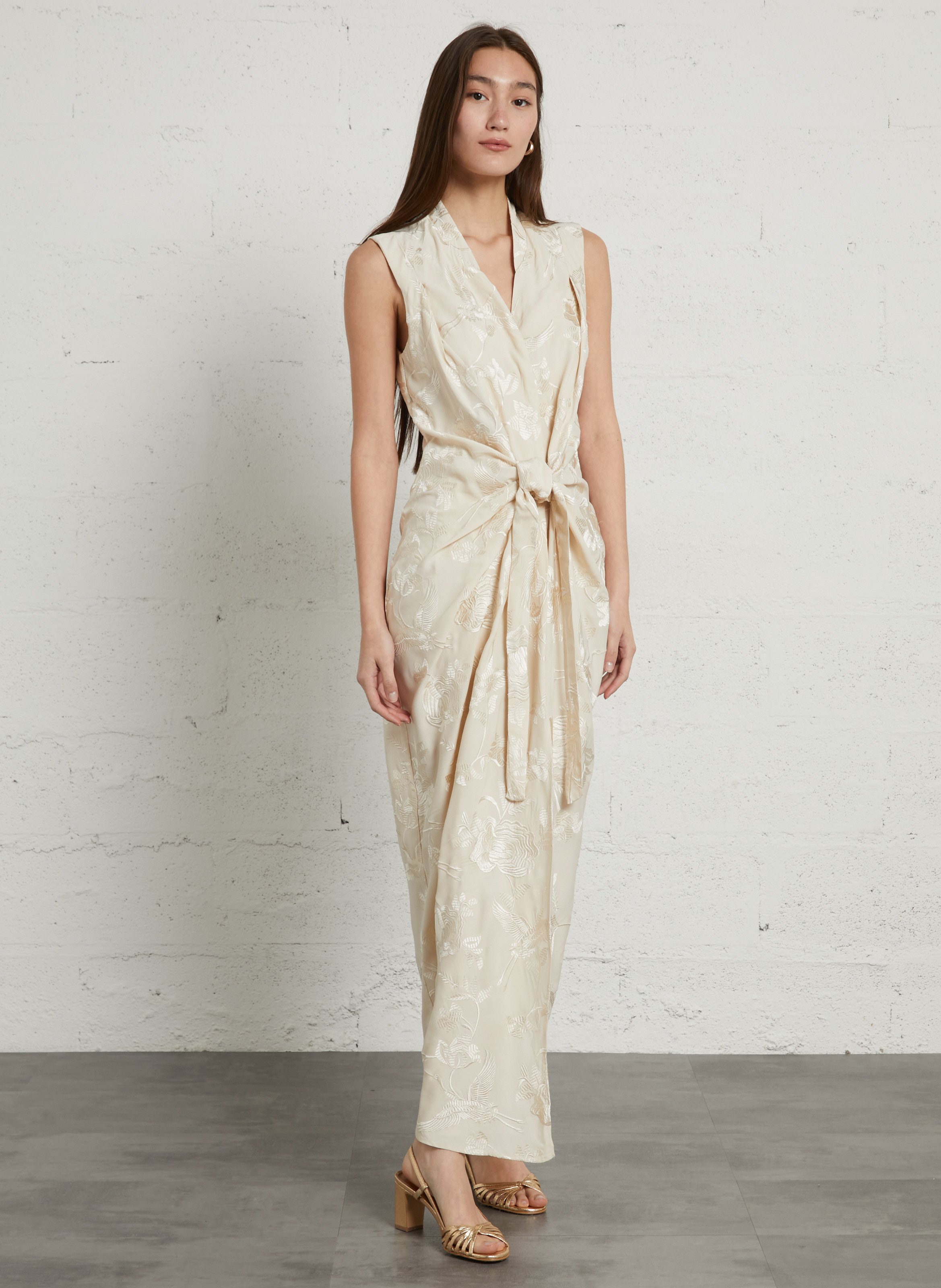 Robe longue col V brodée MES DEMOISELLES Beige