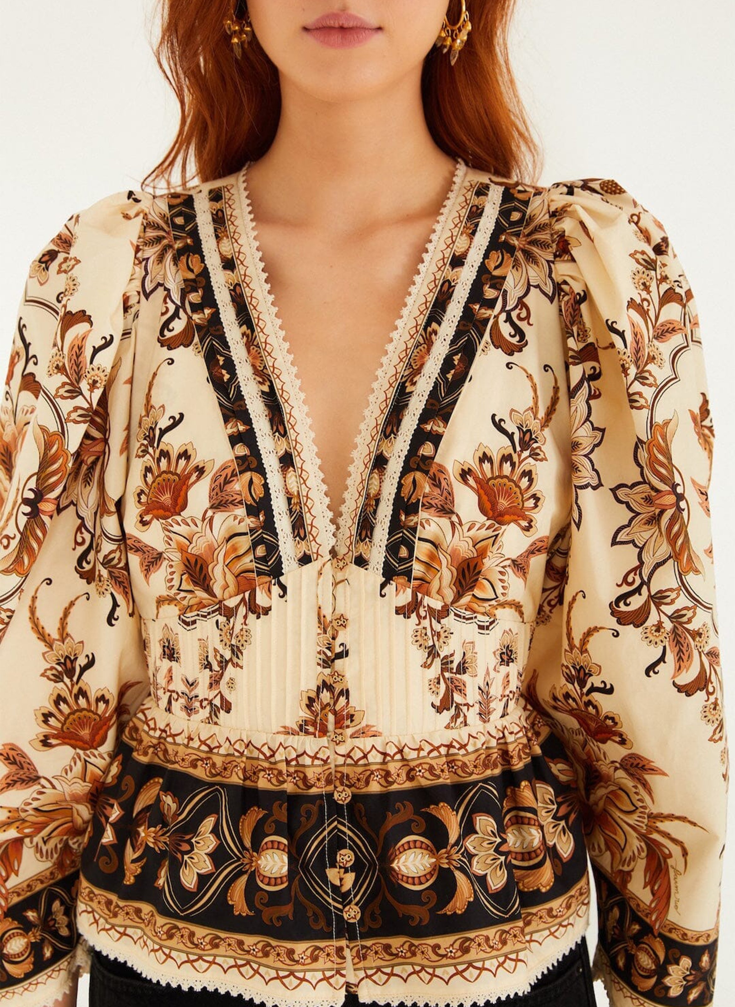 V-neck printed top with buttons FARM RIO Brown