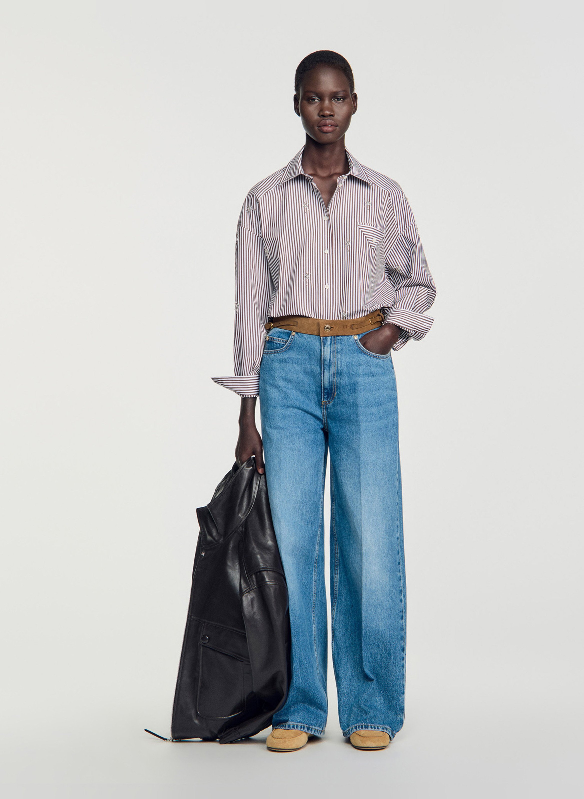 Chemise oversize col classique en coton mélangé rayé SANDRO Marron