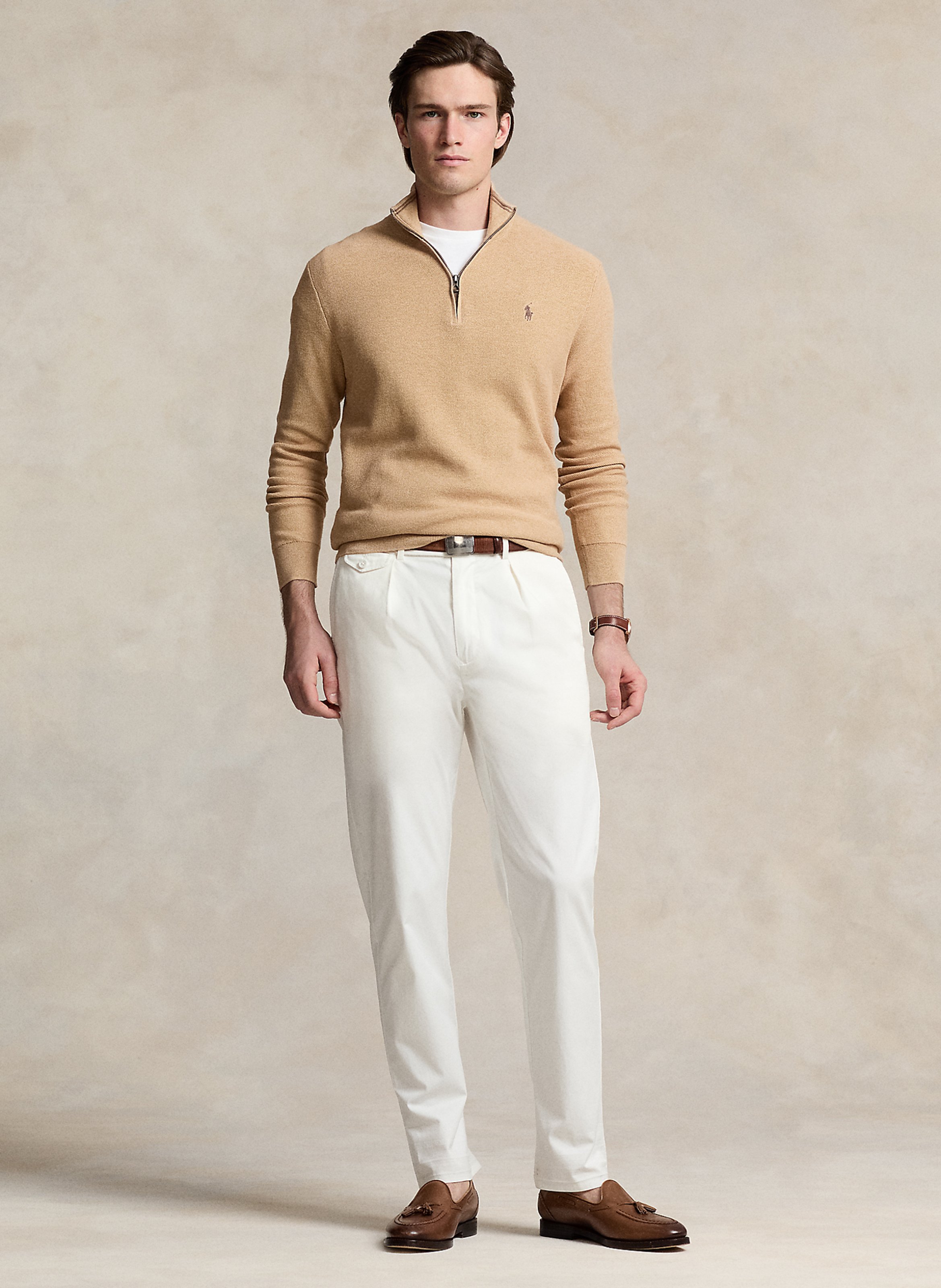 Cotton piqué high-neck zipped sweater Beige