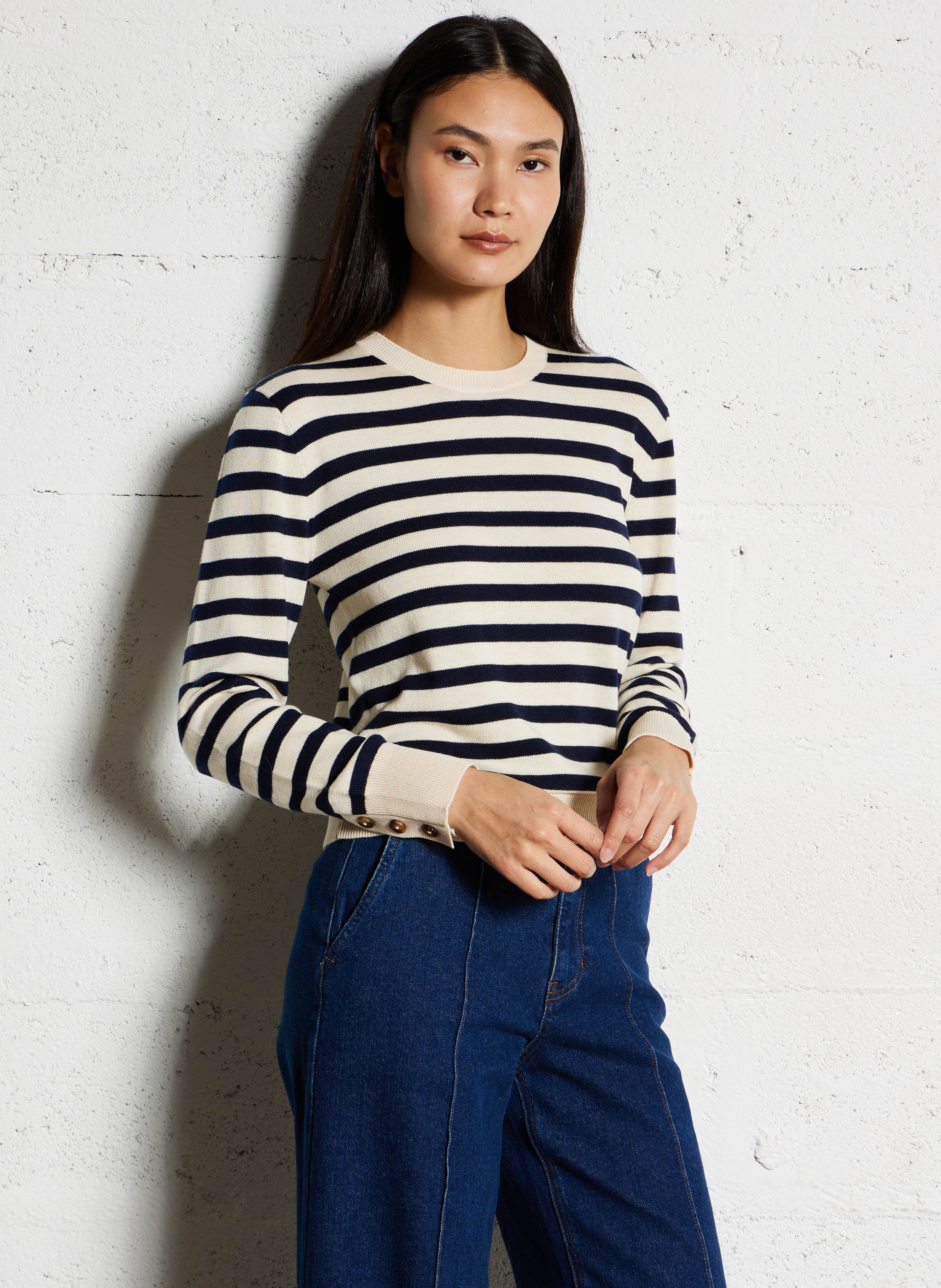 Pull col rond rayé  LA PETITE ETOILE Beige