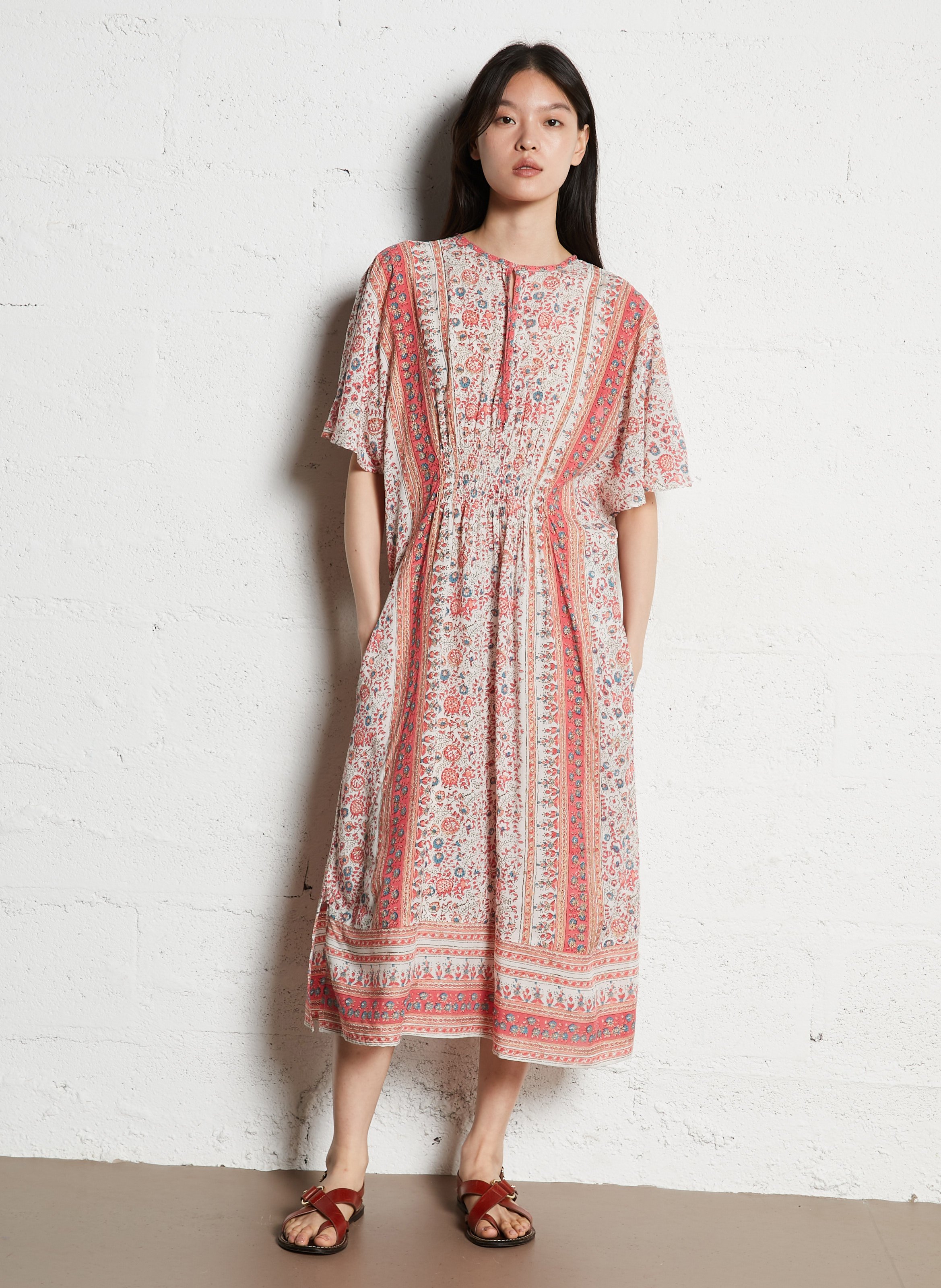 Robe midi col V en coton M.A.B.E Rose