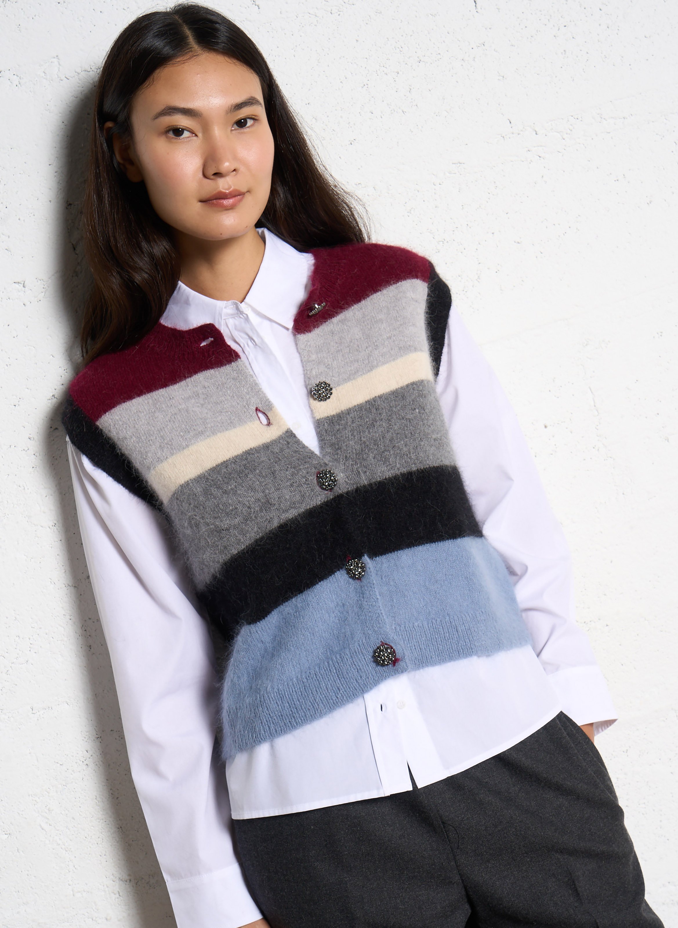 Round-neck mixed-knit cardigan SOPHIE+LUCIE Grey