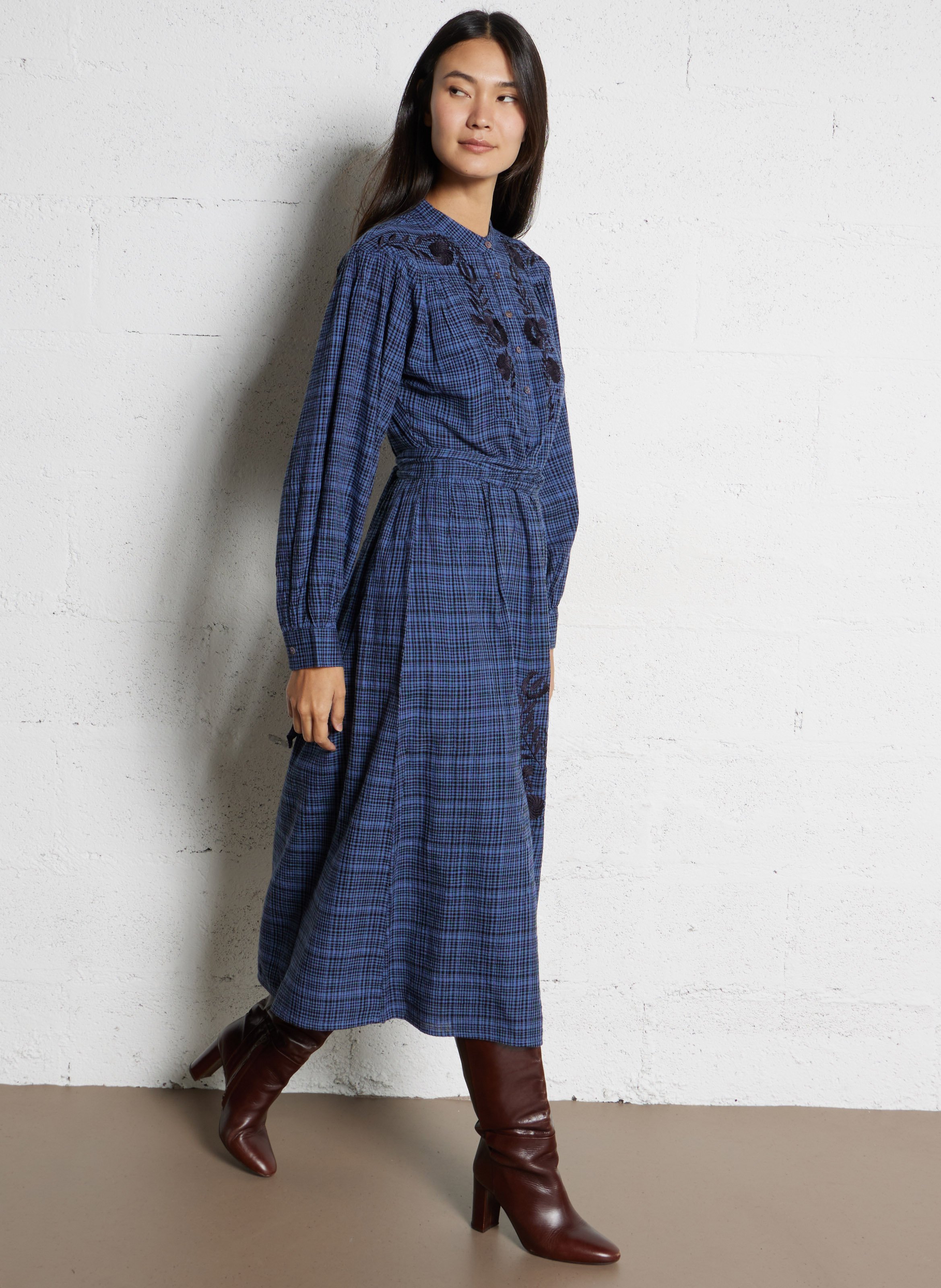 Langes Kleid mit Rundhalsausschnitt aus bedruckter Baumwollmischung ANTIK BATIK Blau