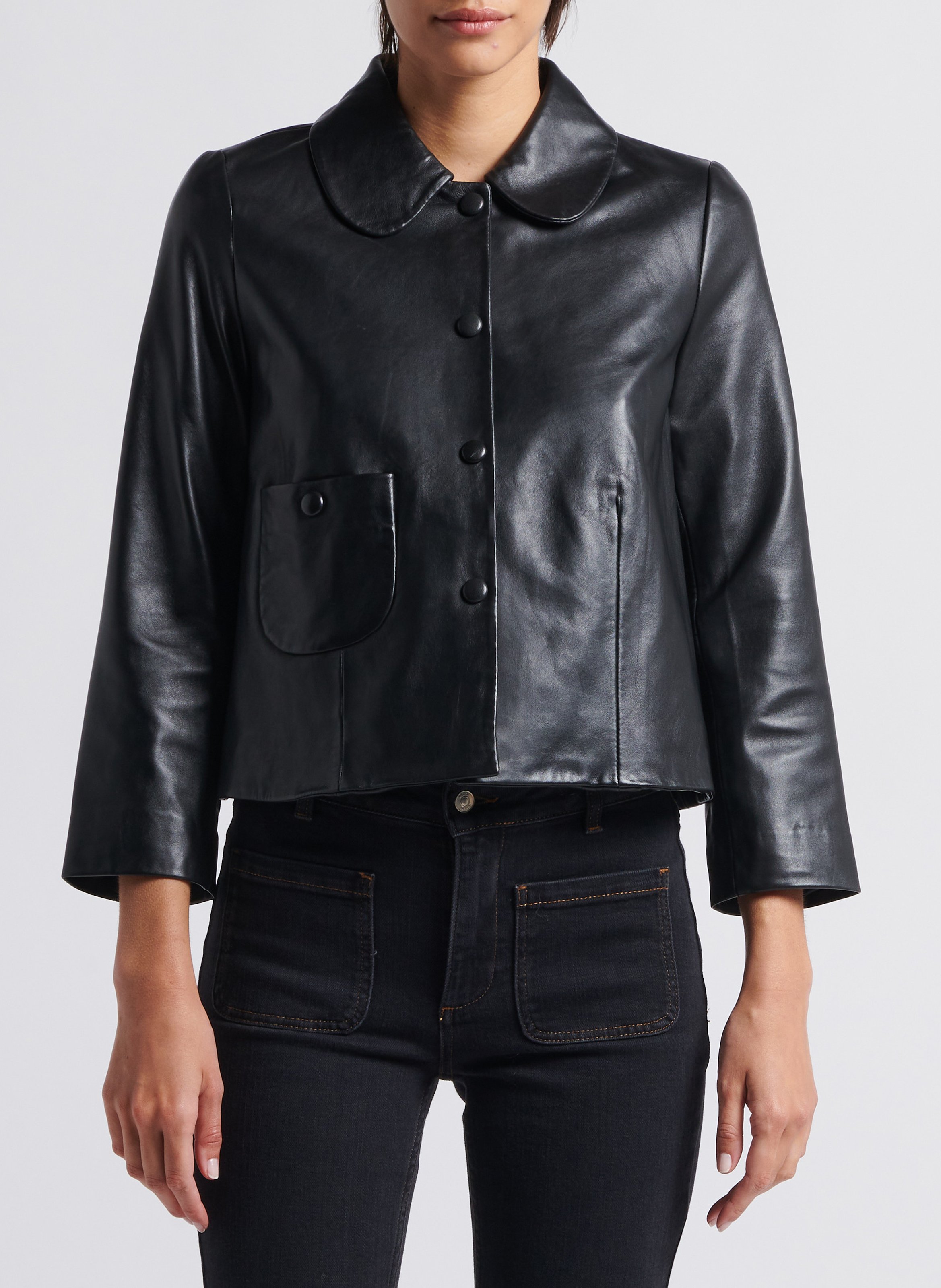 Veste courte col claudine en cuir BA&SH Noir