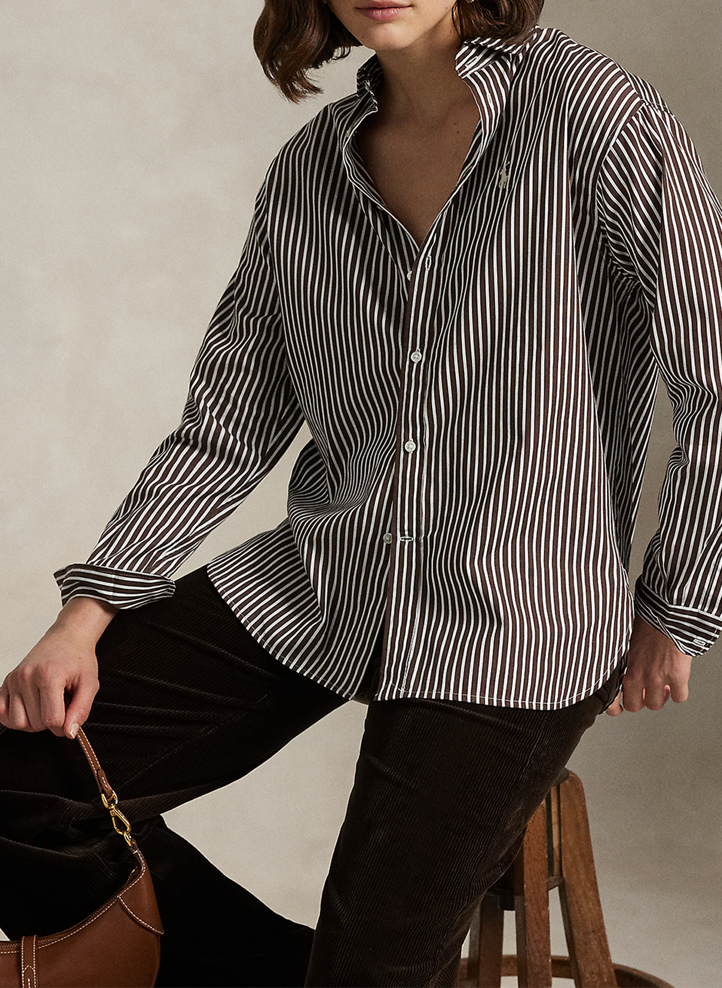 Chemise droite col polo en coton rayé POLO RALPH LAUREN Marron