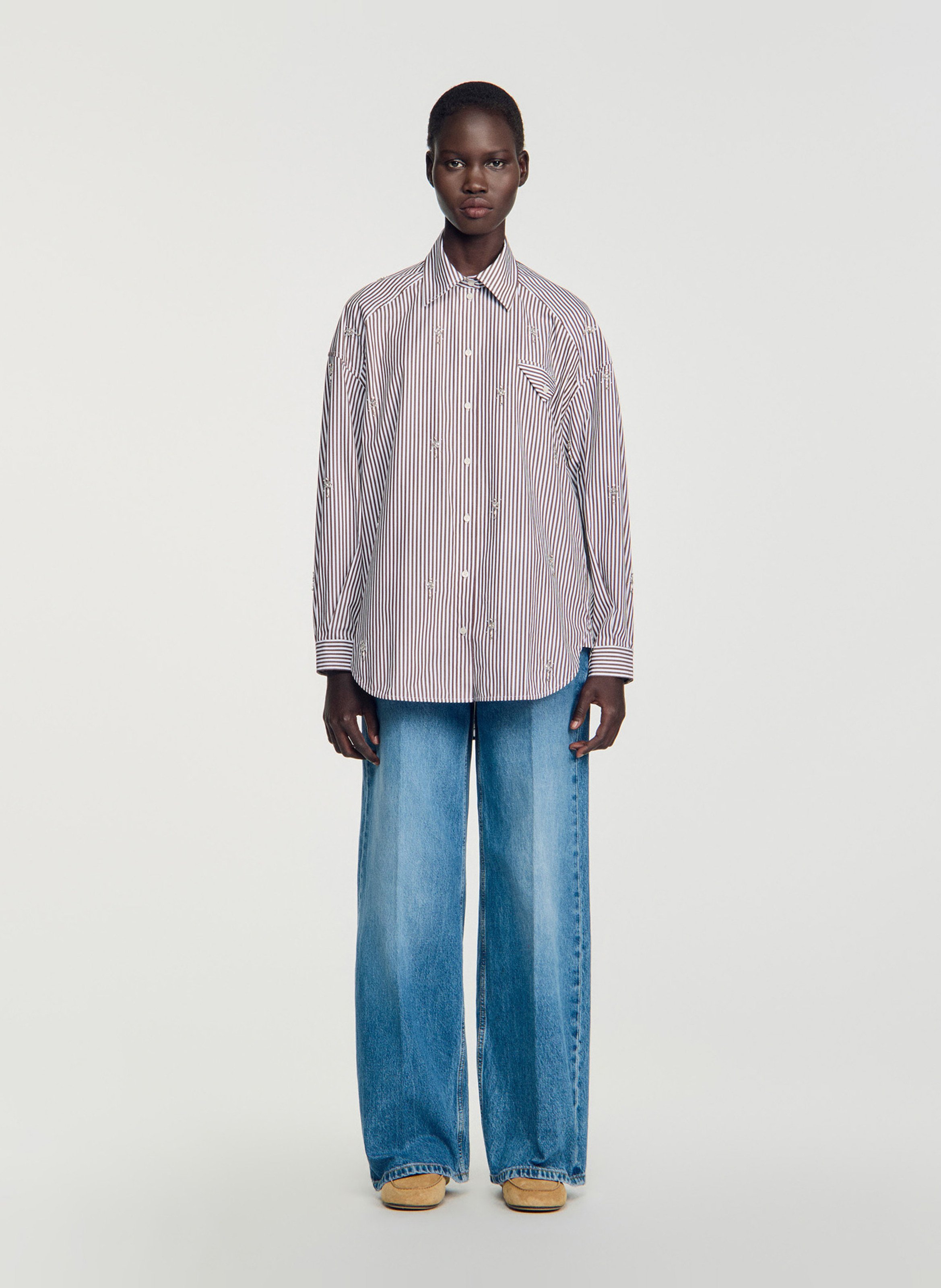 Chemise oversize col classique en coton mélangé rayé SANDRO Marron