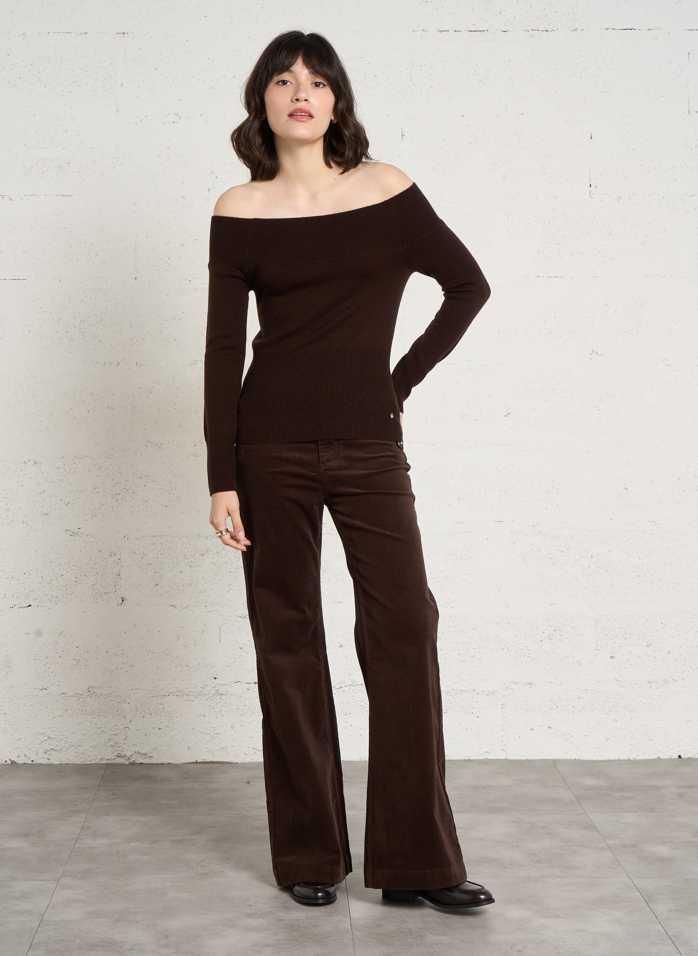 Pull épaules dénudées en laine DES PETITS HAUTS Marron