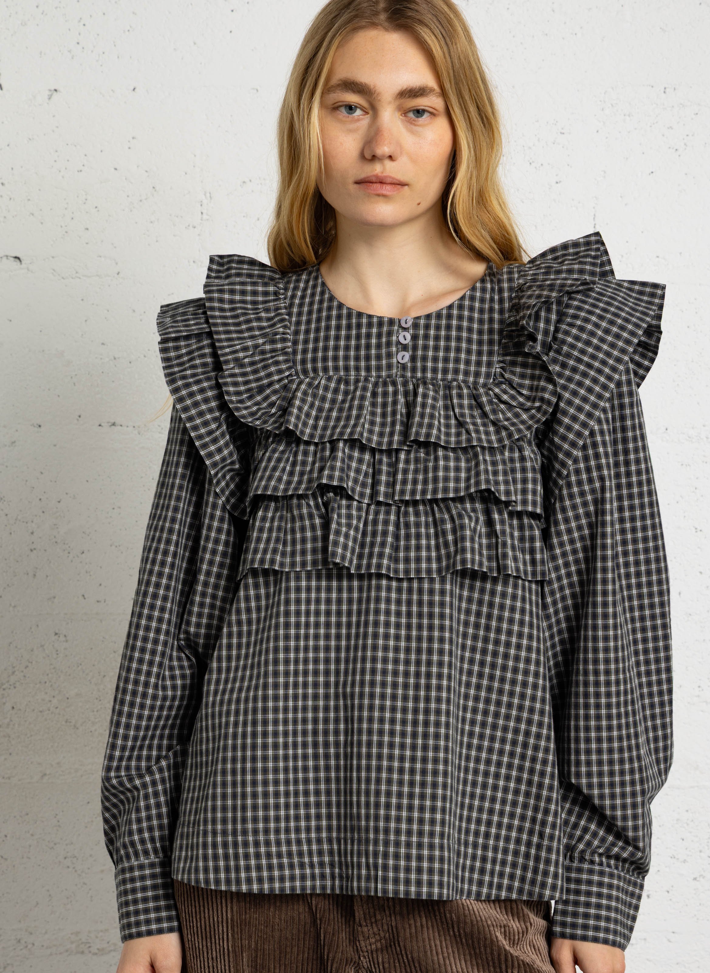 Karierte Baumwollbluse mit Rundhalskragen DAMSON MADDER