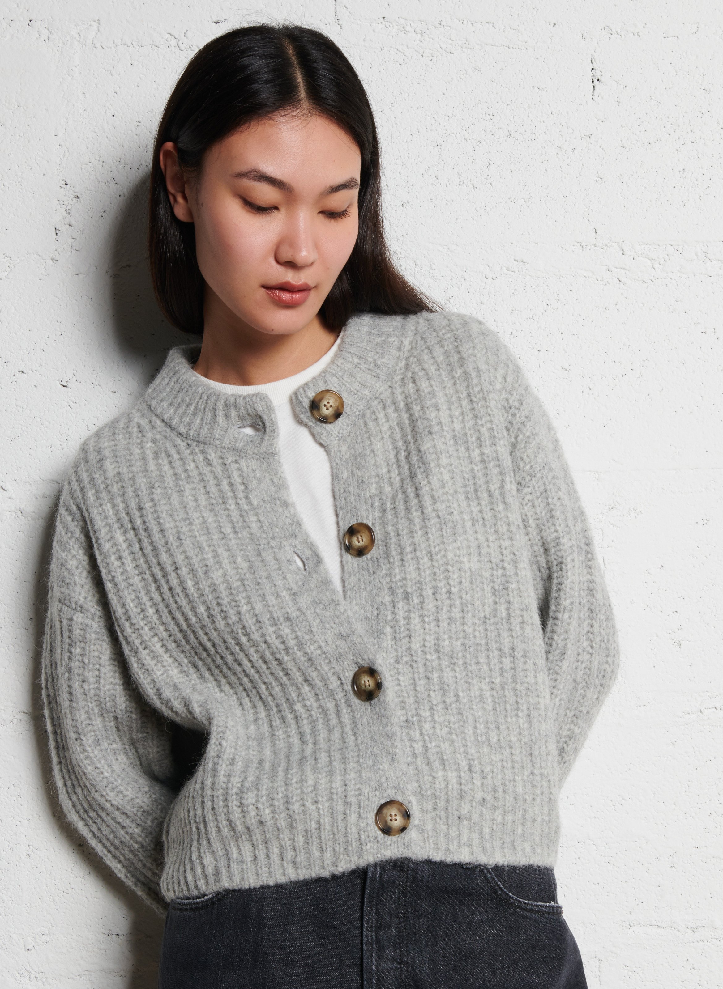 Round-neck mixed-knit cardigan Light grey Bellerose - Women BW242907 K1329U  | Place des Tendances