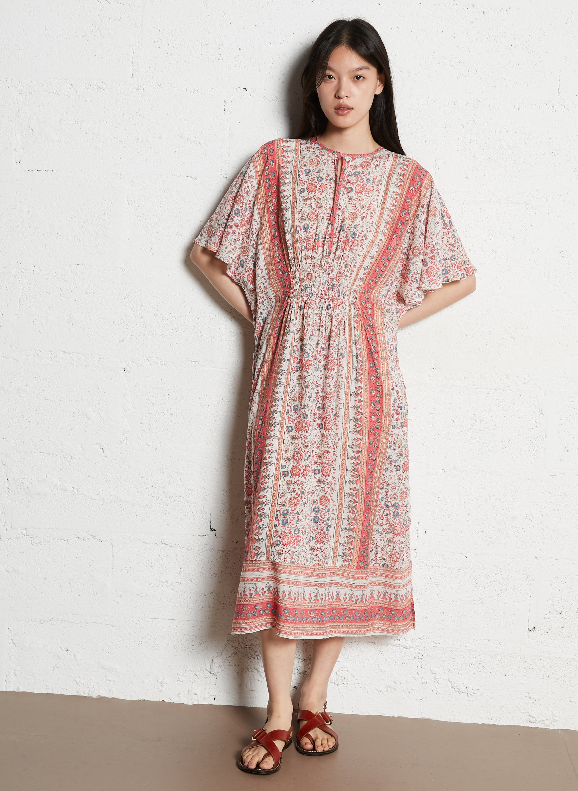 Robe midi col V en coton M.A.B.E Rose