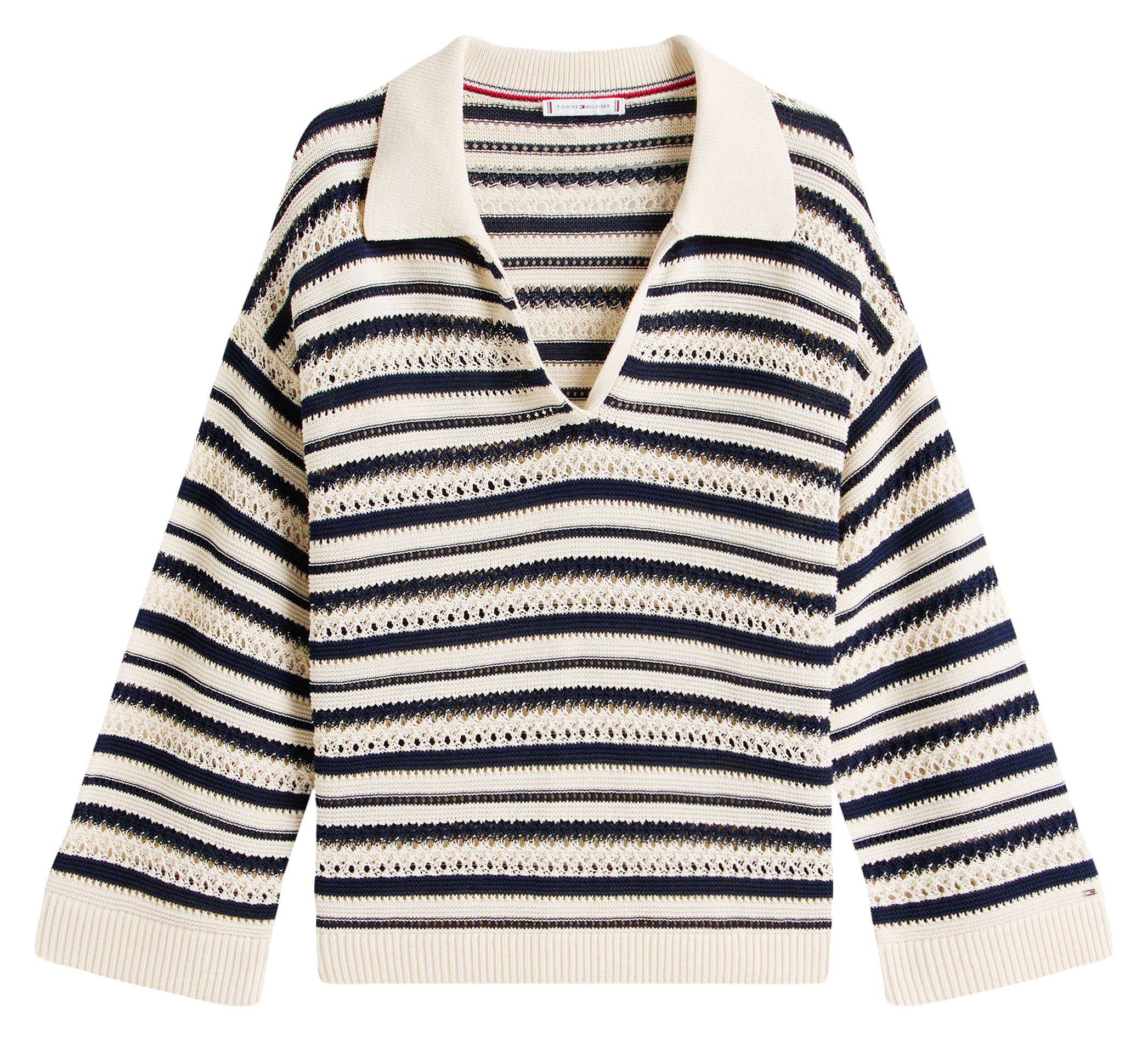 Trui met V-hals in biologisch katoenmengsel met strepen. TOMMY HILFIGER Beige