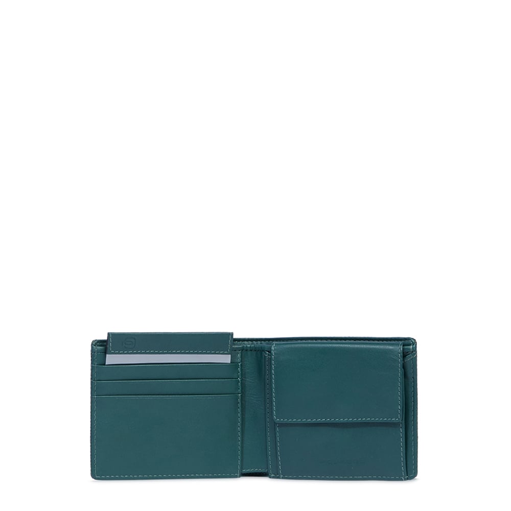 Men's wallet with coin pocket, credit card slots, removable flap, and RFID protection PIQUADRO Green
