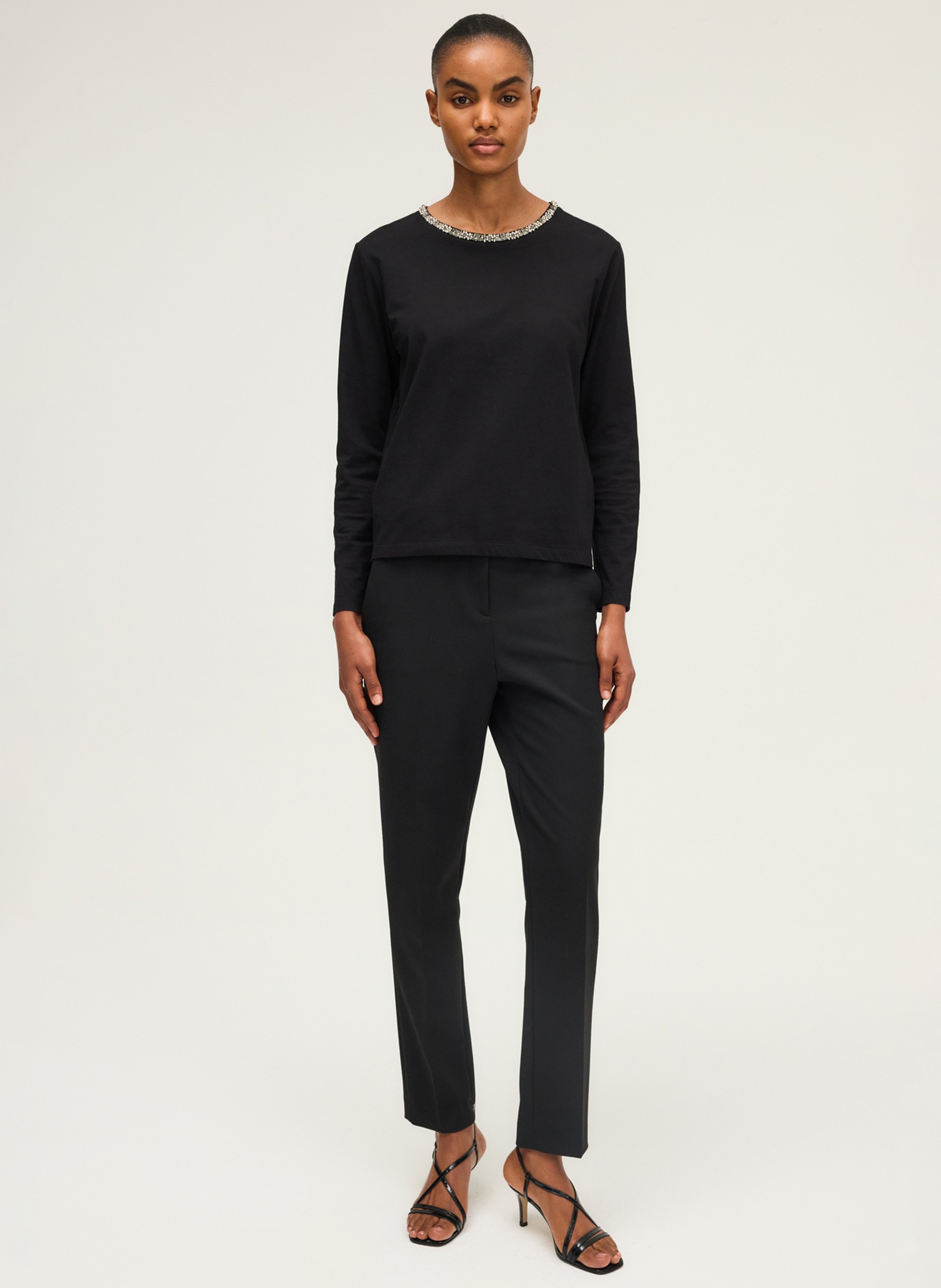 Tee-shirt droit col rond orné de strass en coton PABLO Noir