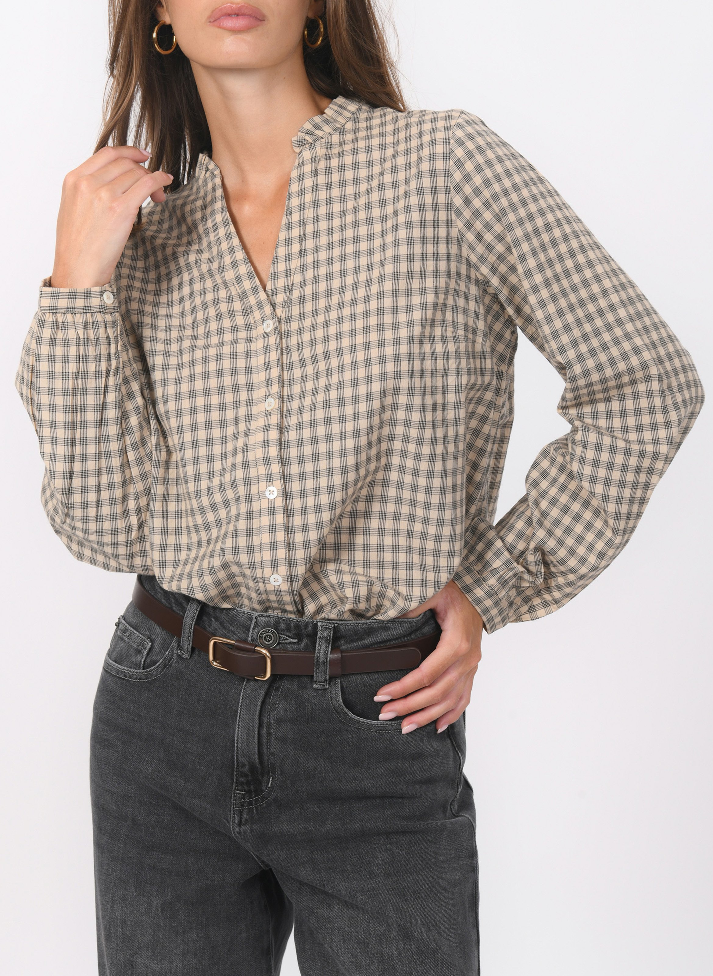 Chemise col V en coton KOOKAI Beige