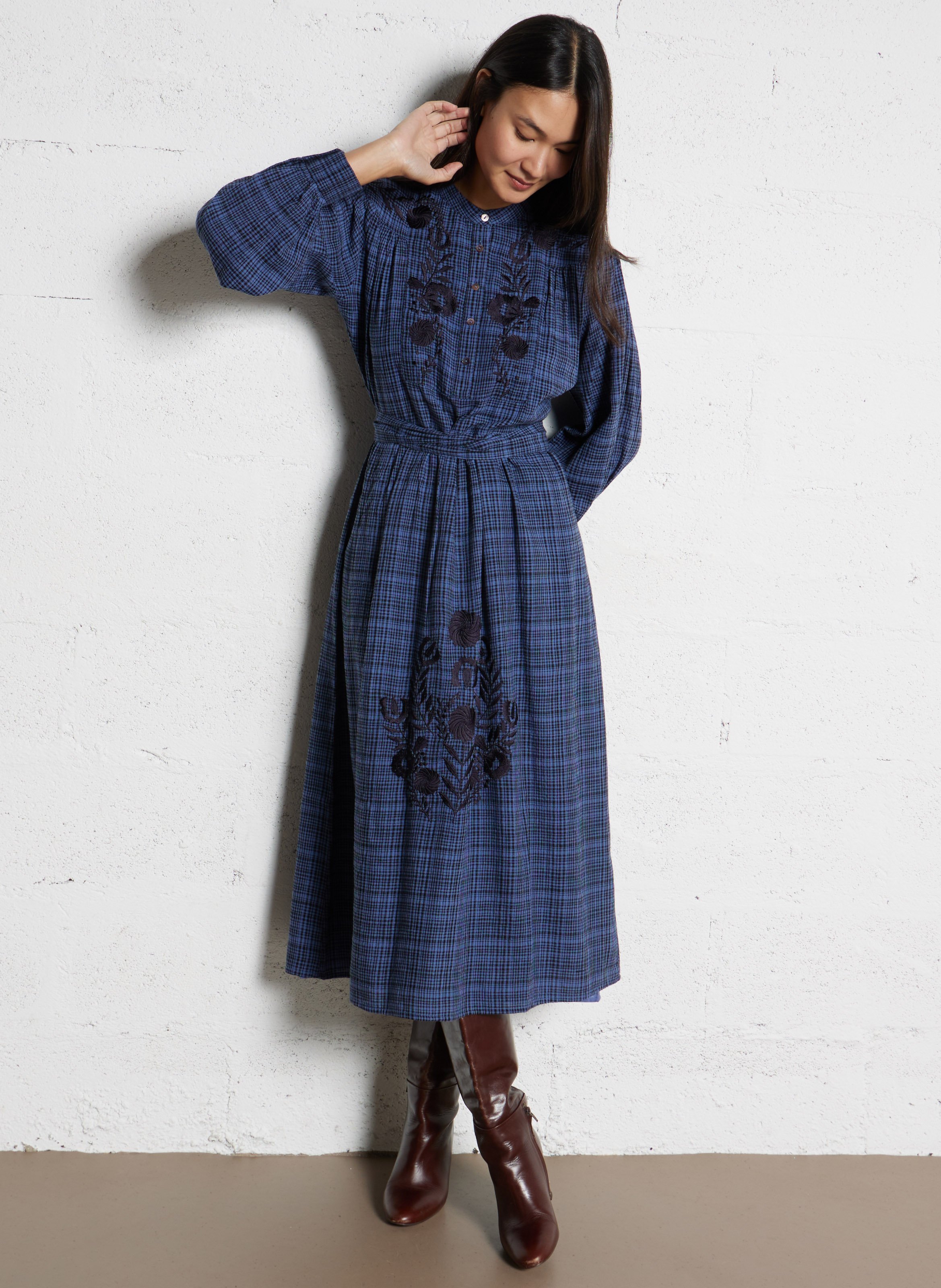 Langes Kleid mit Rundhalsausschnitt aus bedruckter Baumwollmischung ANTIK BATIK Blau