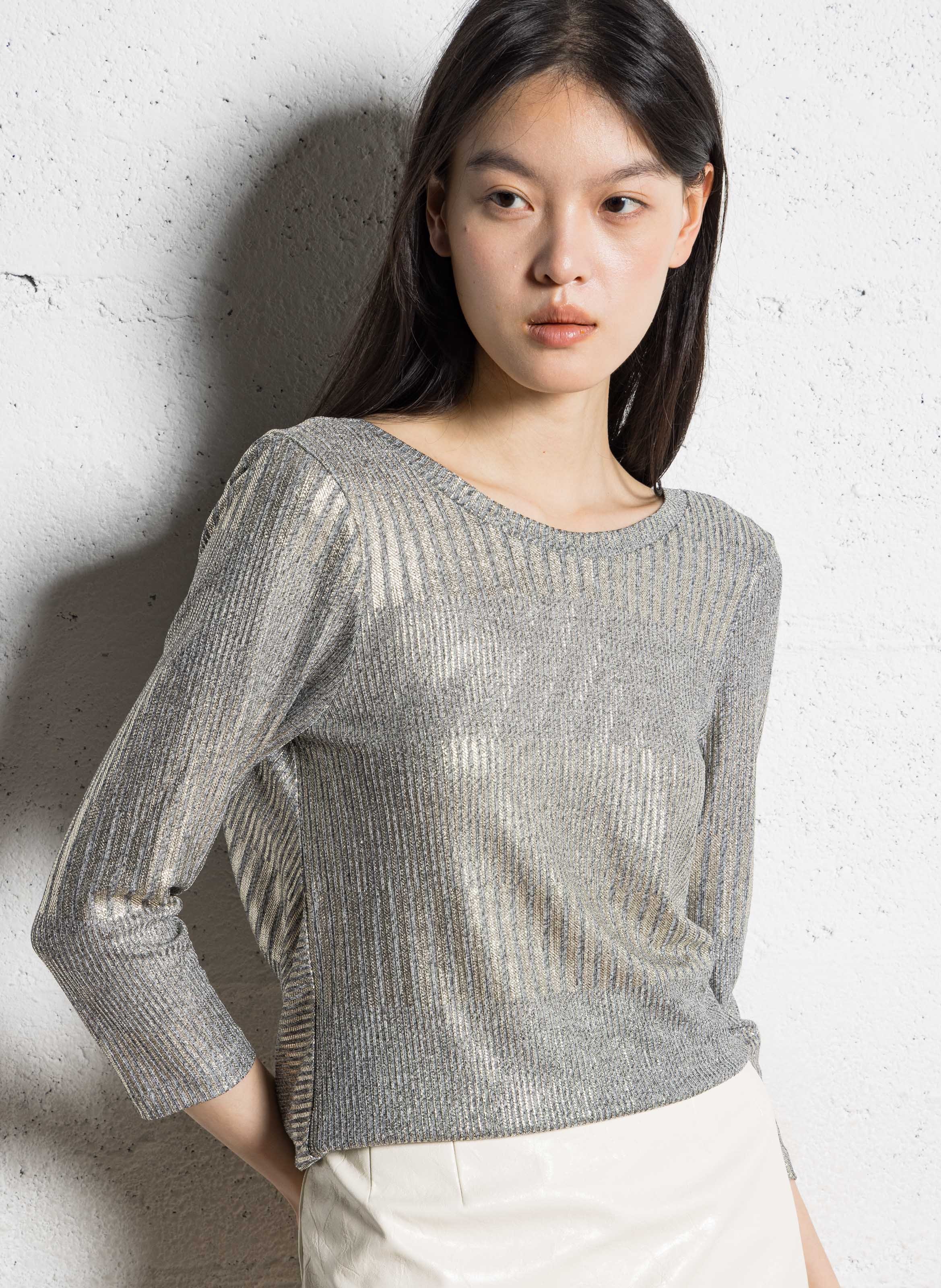 Fitted ribbed knit round neck top IKKS Golden