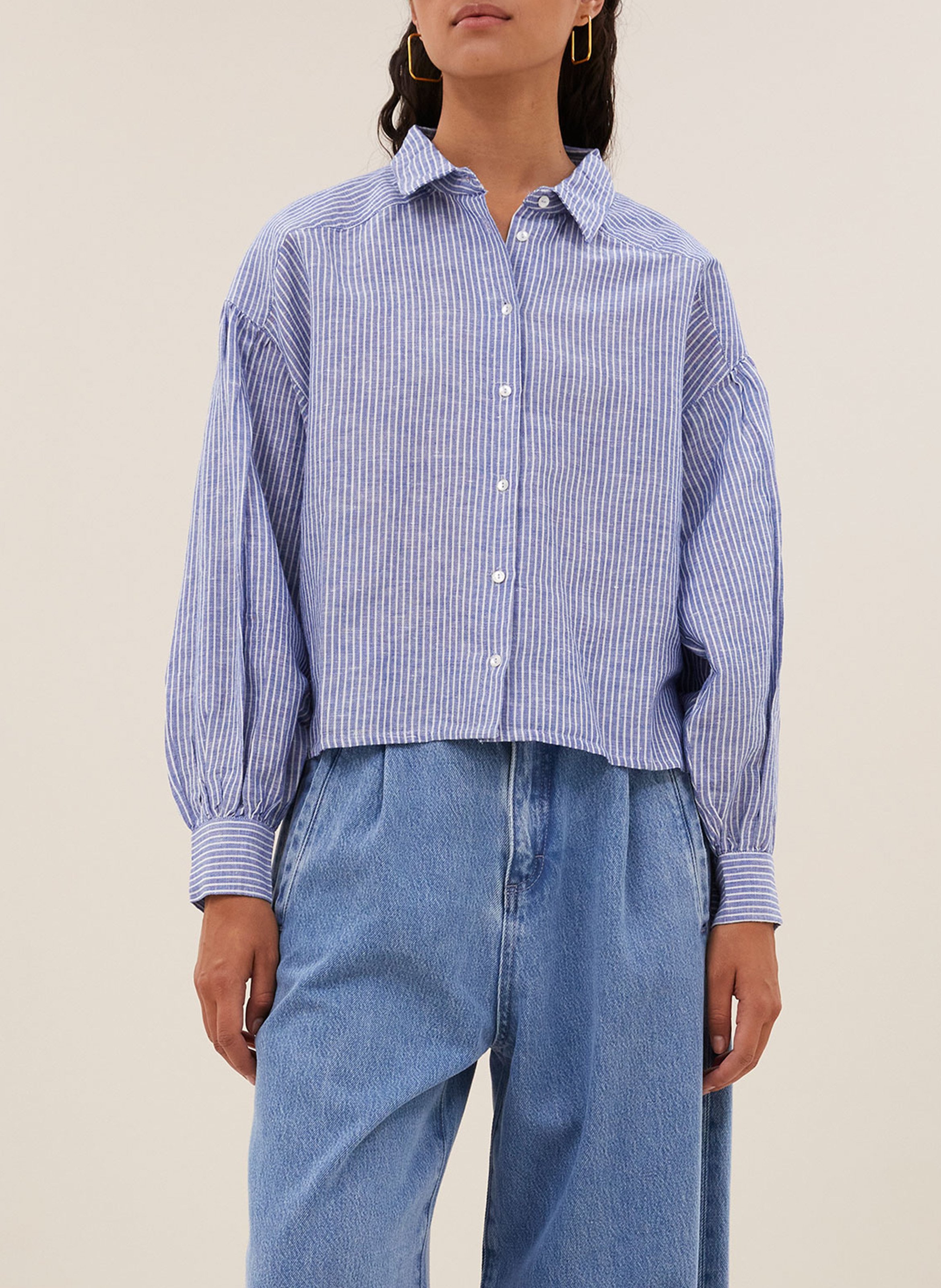 Chemise droite col classique en lin et coton rayé BY BAR Bleu