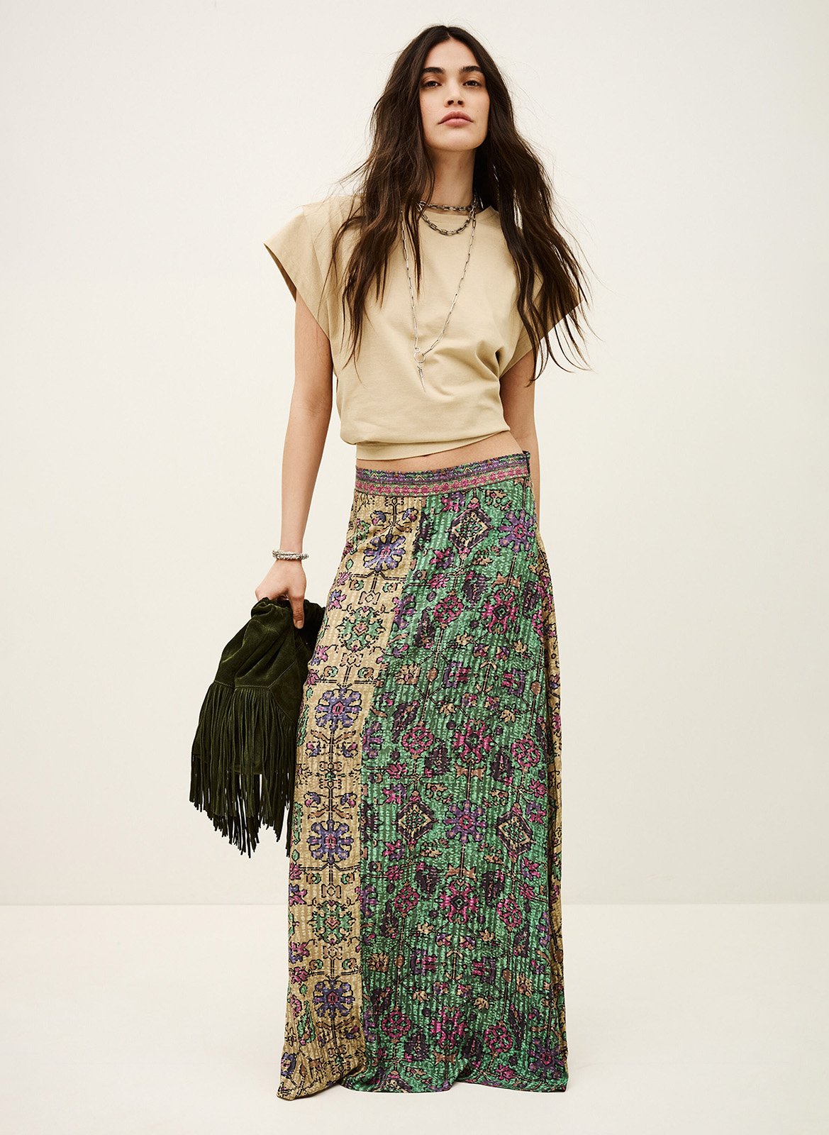 Jupe longue fluide imprimée BA&SH Vert