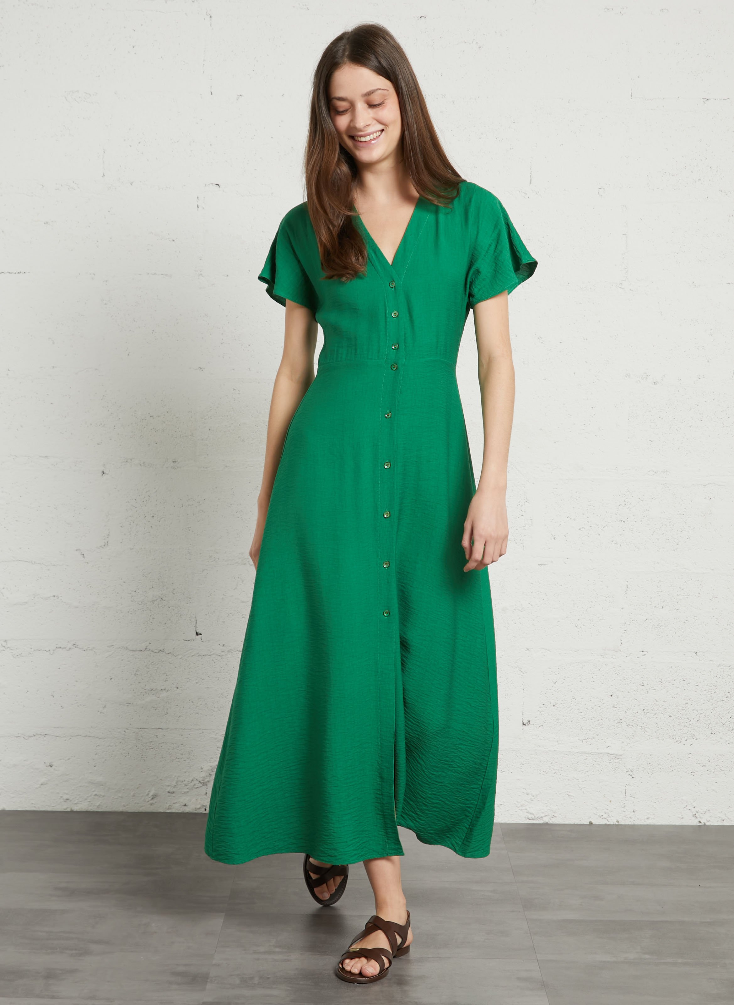 Long V-neck dress TINSELS Green