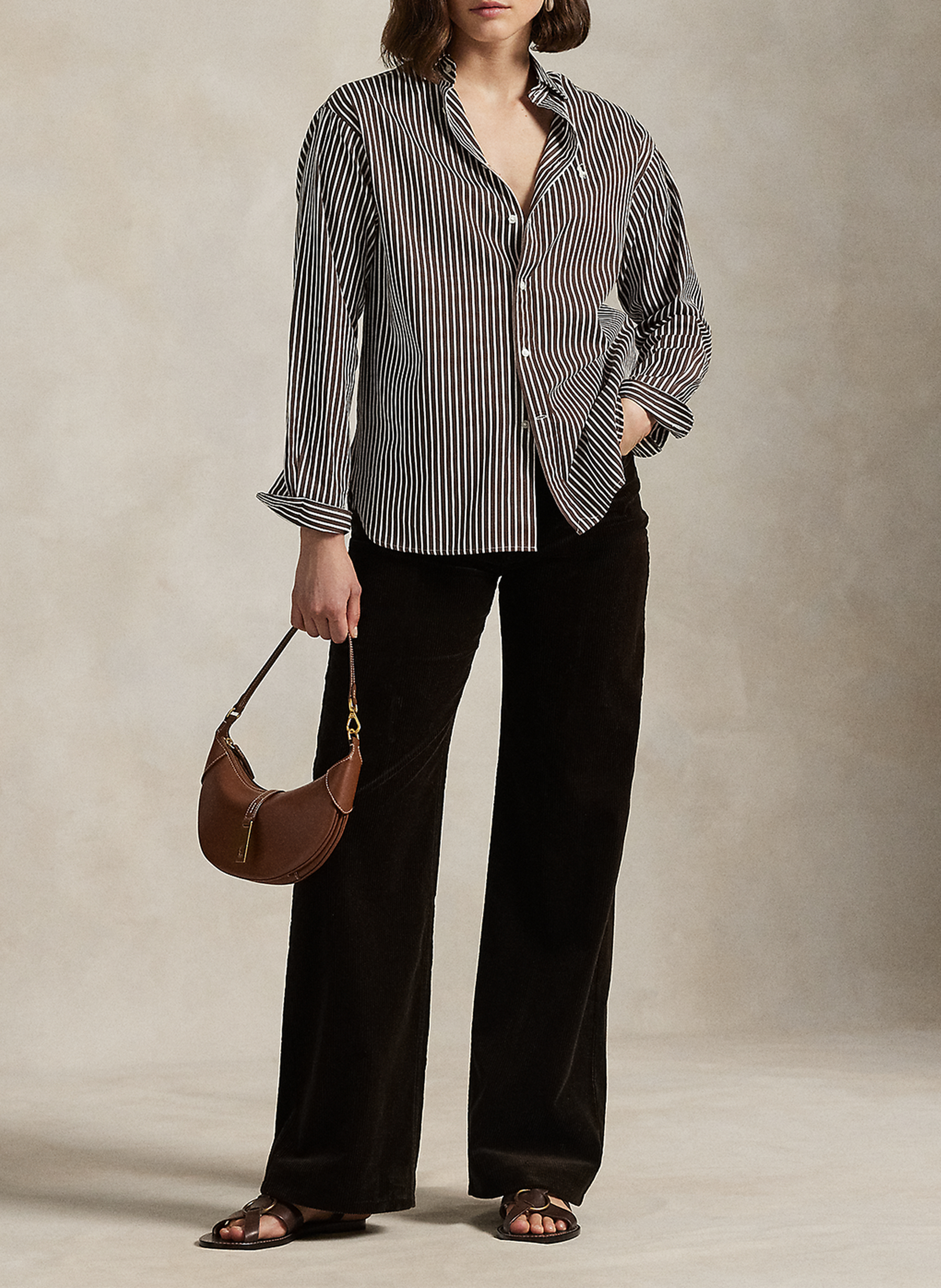 Chemise droite col polo en coton rayé POLO RALPH LAUREN Marron